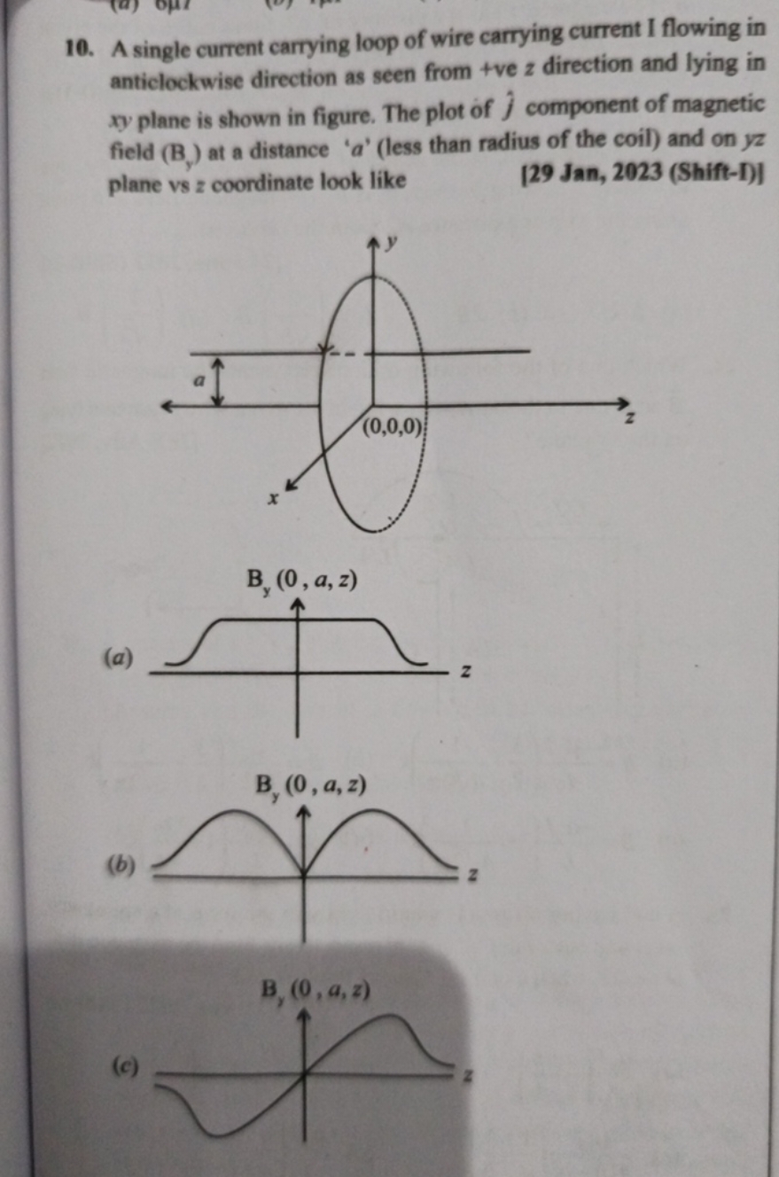 10. A single current carrying loop of wire carrying current I flowing 