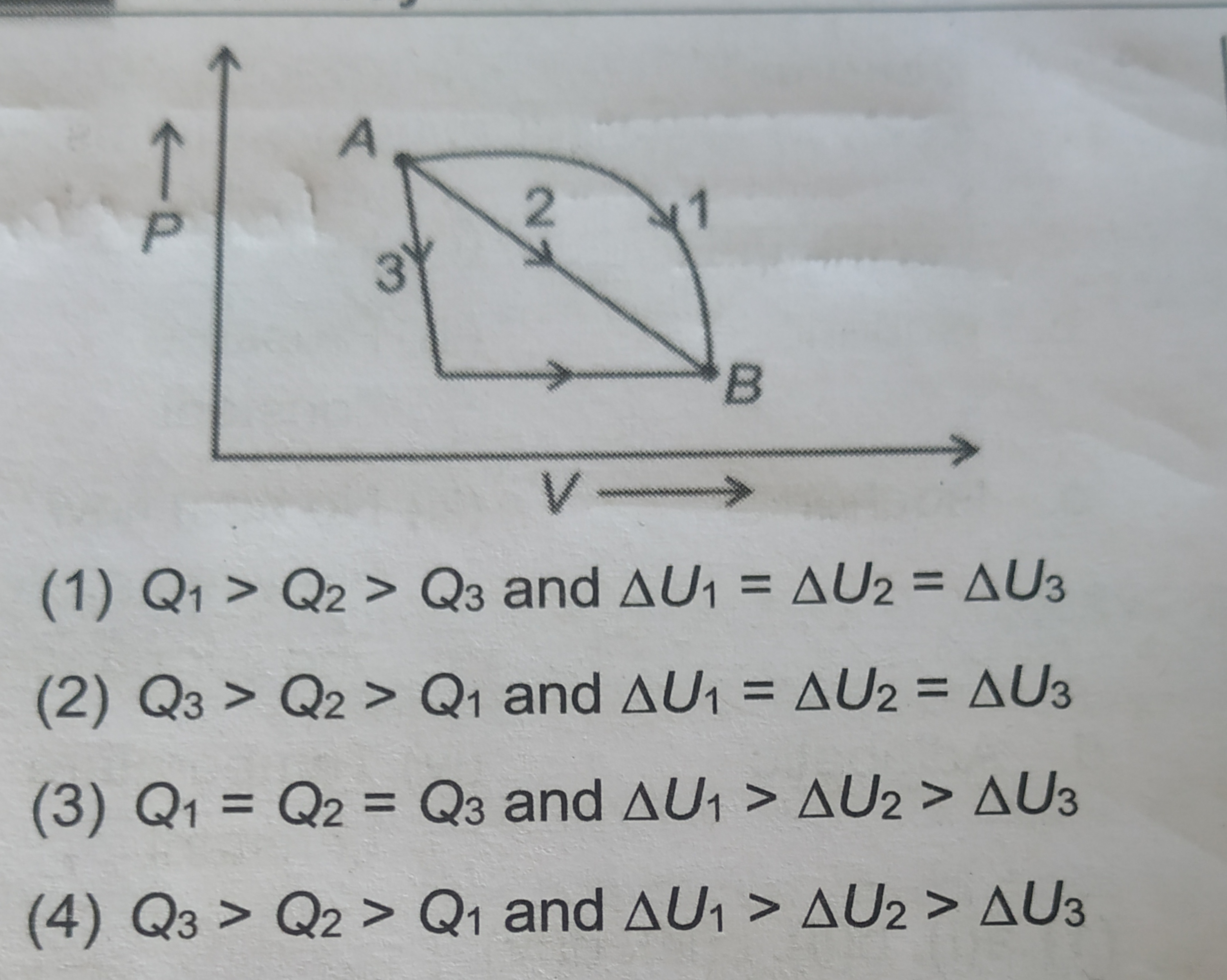 
(1) Q1​>Q2​>Q3​ and ΔU1​=ΔU2​=ΔU3​
(2) Q3​>Q2​>Q1​ and ΔU1​=ΔU2​=ΔU3​