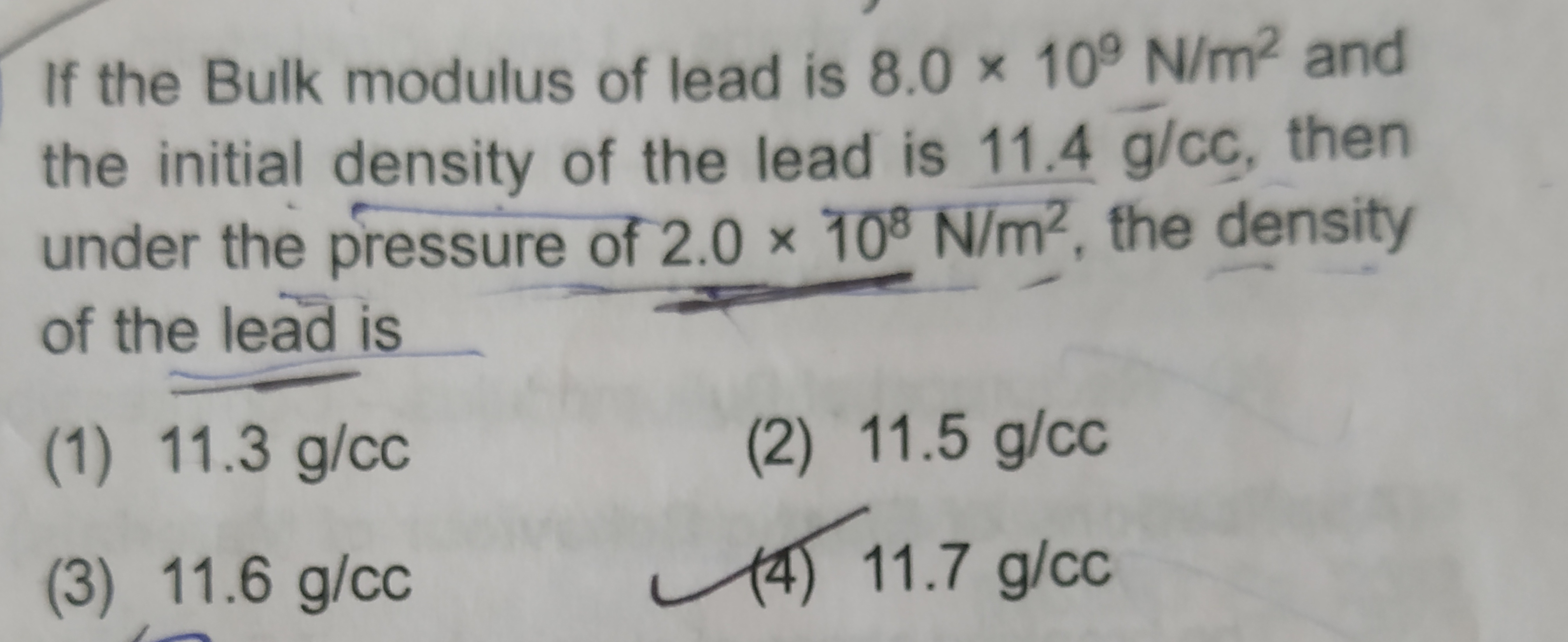 If the Bulk modulus of lead is 8.0×109 N/m2 and the initial density of