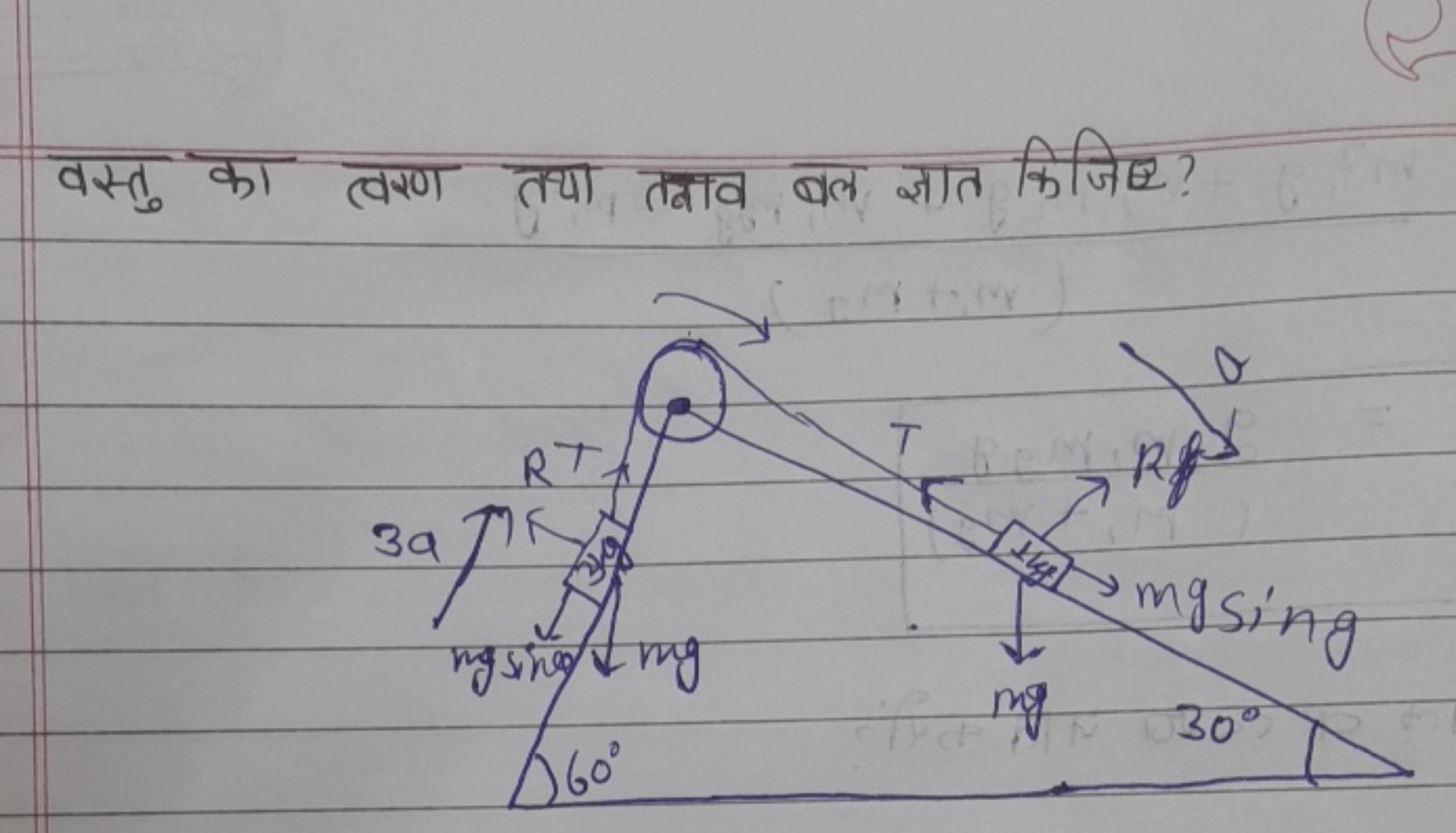 वस्तु का त्वरण तथा तबाव बल ज्ञात किजिए?