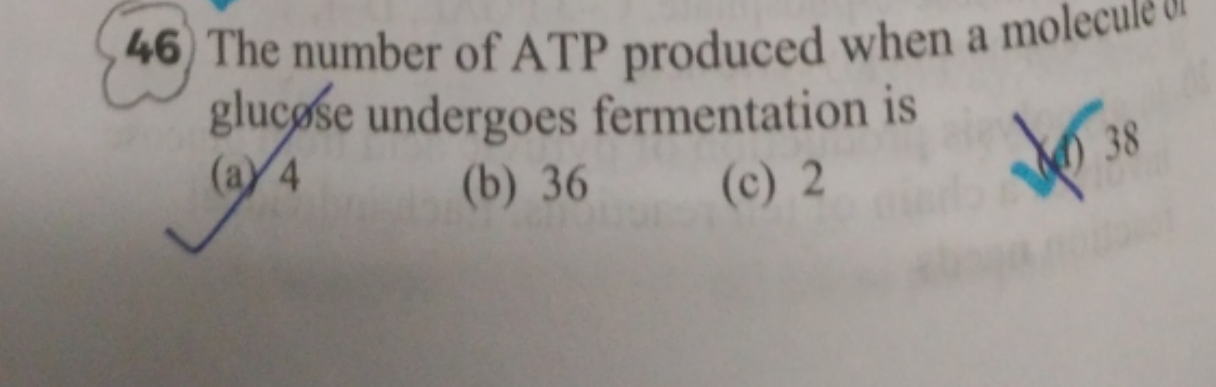 46 The number of ATP produced when a molecule glucøse undergoes fermen