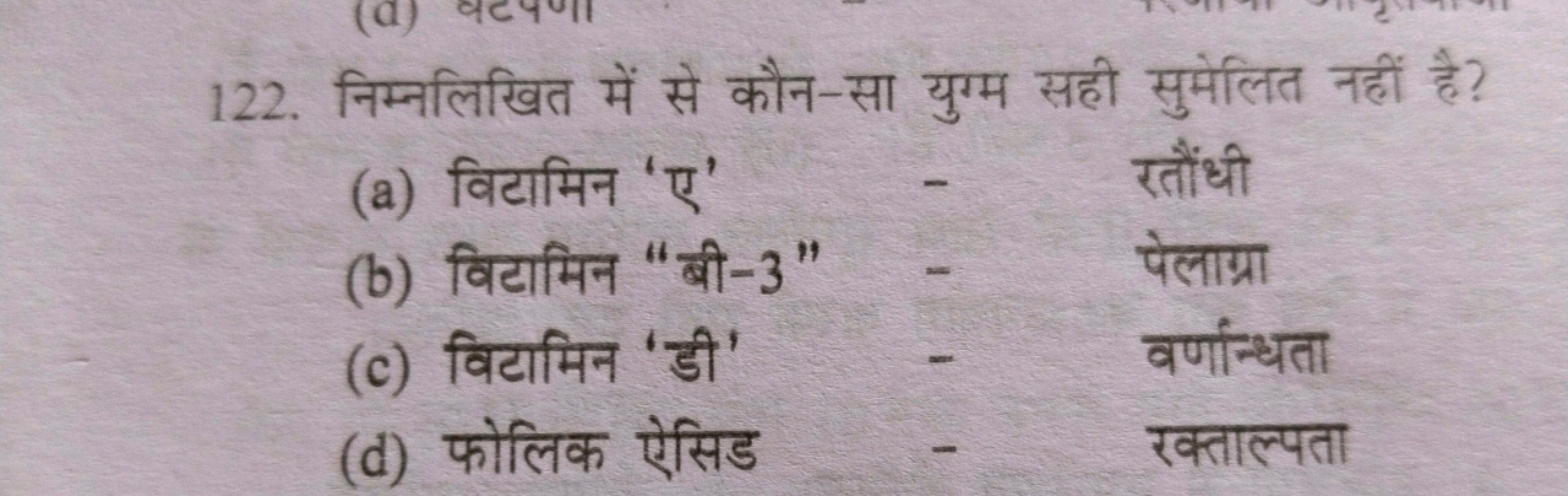 122. निम्नलिखित में से कौन-सा युग्म सही सुमेलित नहीं है?
(a) विटामिन '