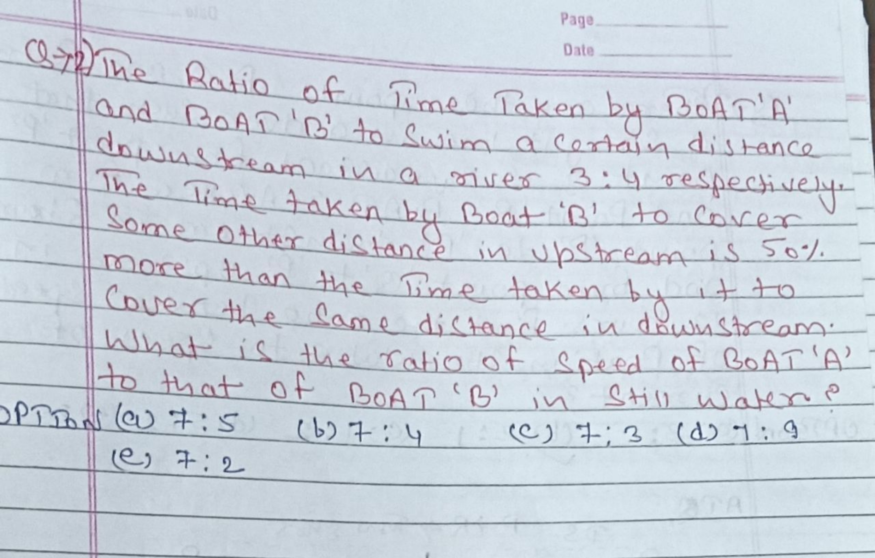 Page
Date
Q →2 ) The Ratio of Time Taken by BOAT 'A' and BOAT ' B ' to