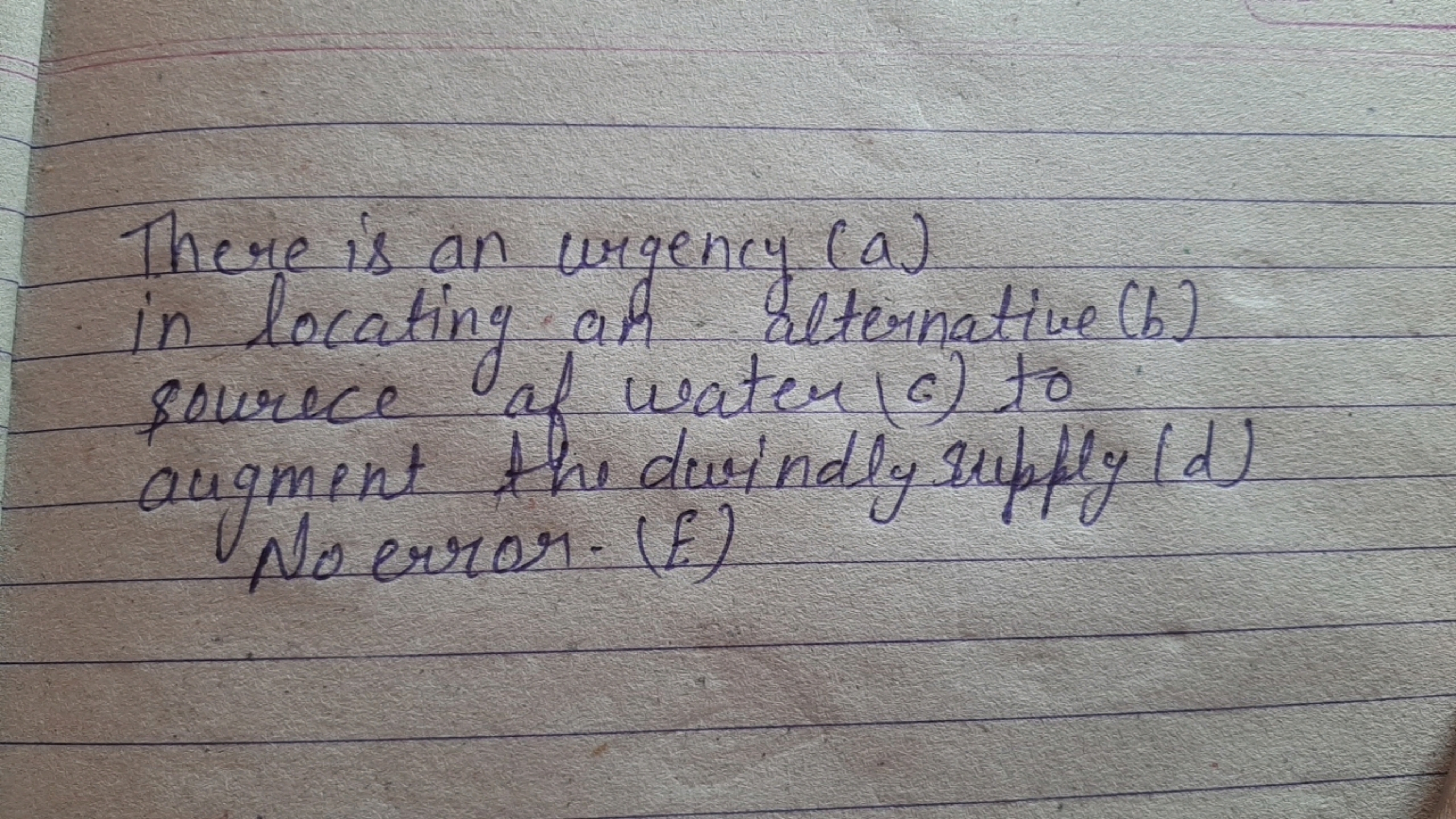 There is an ergency (a) in locating an. alternative (b) sourece of wat