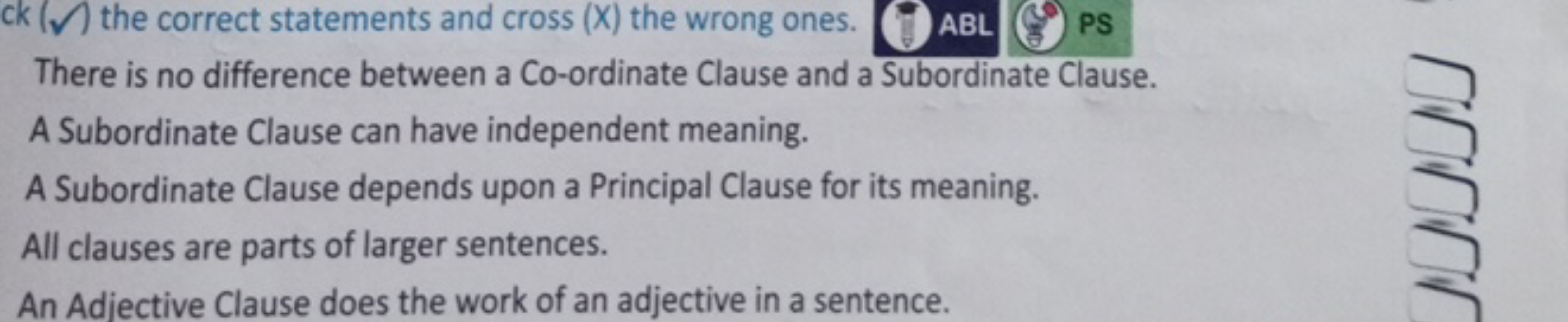 ck(Ω) the correct statements and cross (X) the wrong ones.
ABL
PS
Ther