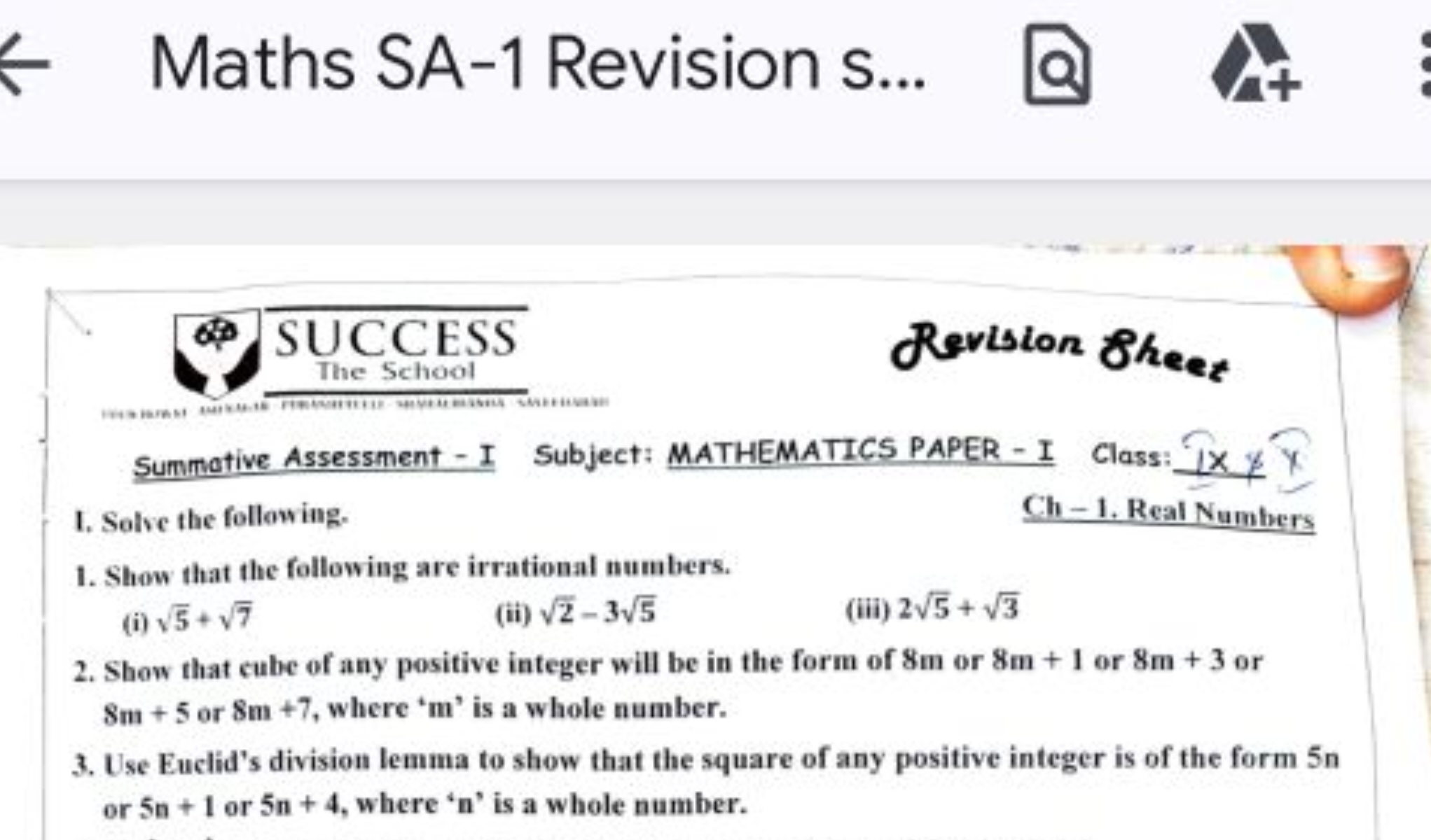 ← Maths SA-1 Revision s...
a
λ+
I. Solve the following.

Reviston 8hee