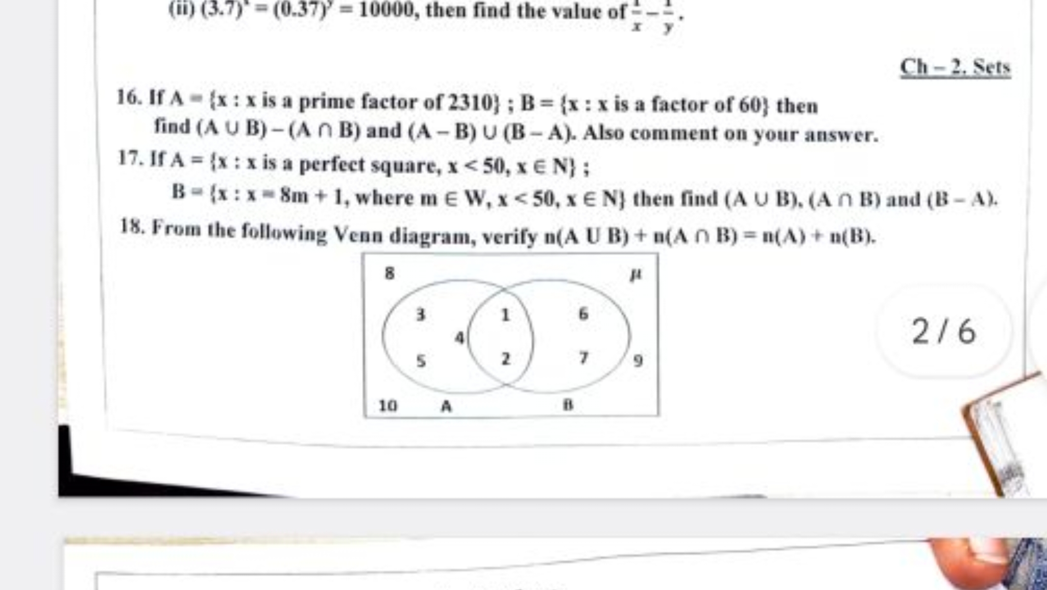 (ii) (3.7)2=(0.37)y=10000, then find the value of x1​−y1​.

Ch-2. Sets