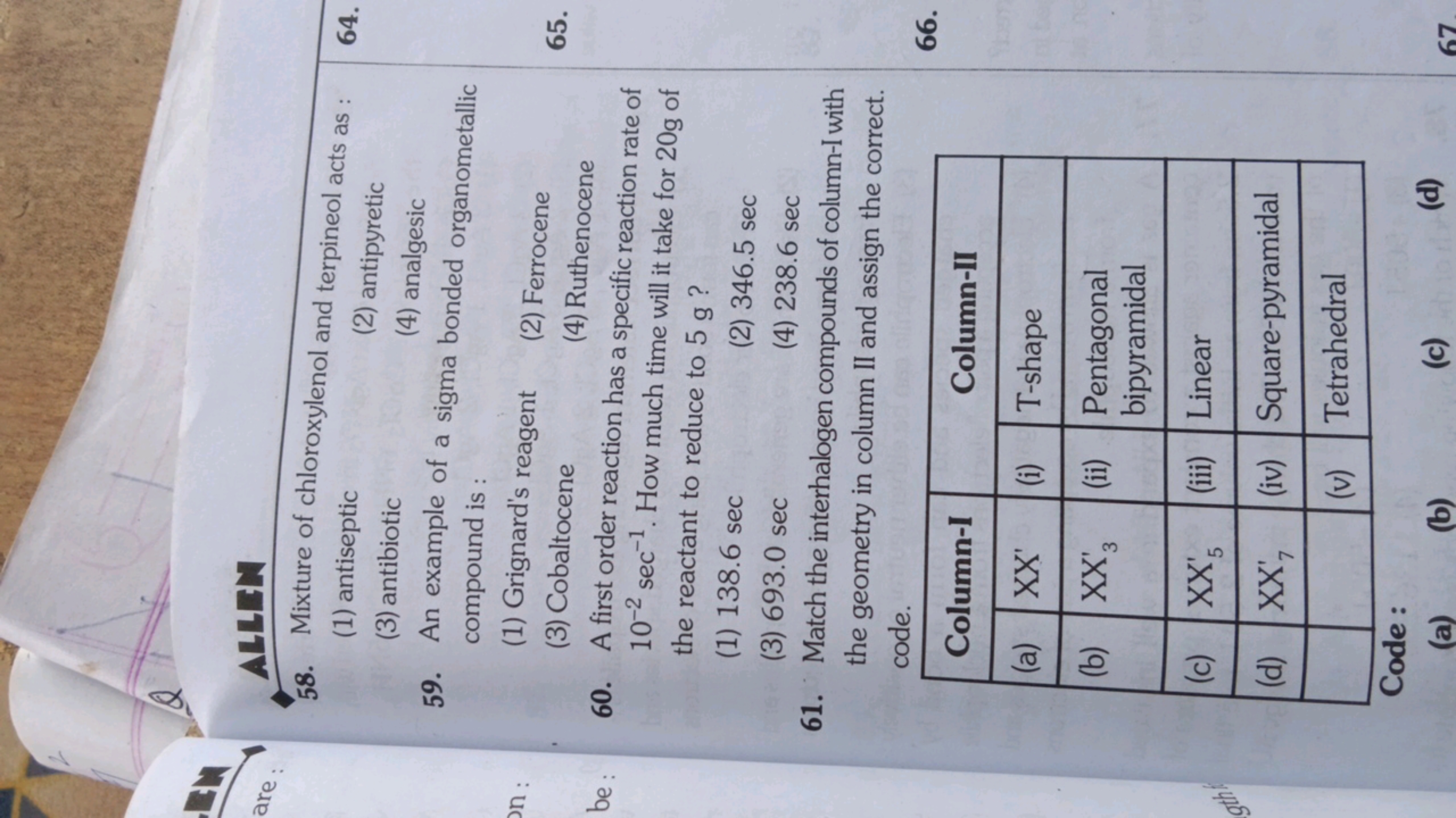 ALLEM
58. Mixture of chloroxylenol and terpineol acts as :
(1) antisep