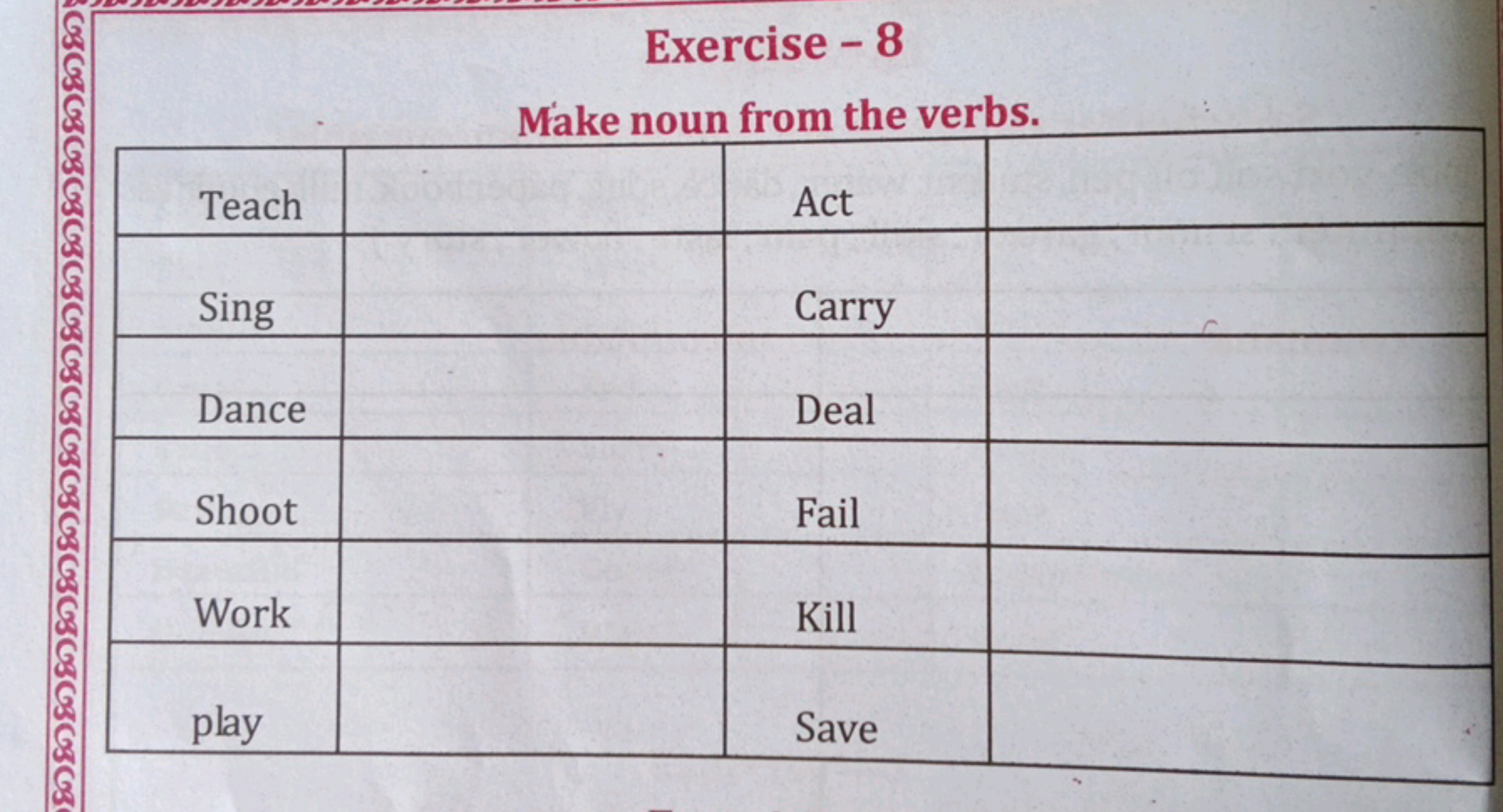 Exercise-8
Make noun from the verbs.
\begin{tabular} { | c | c | c | c