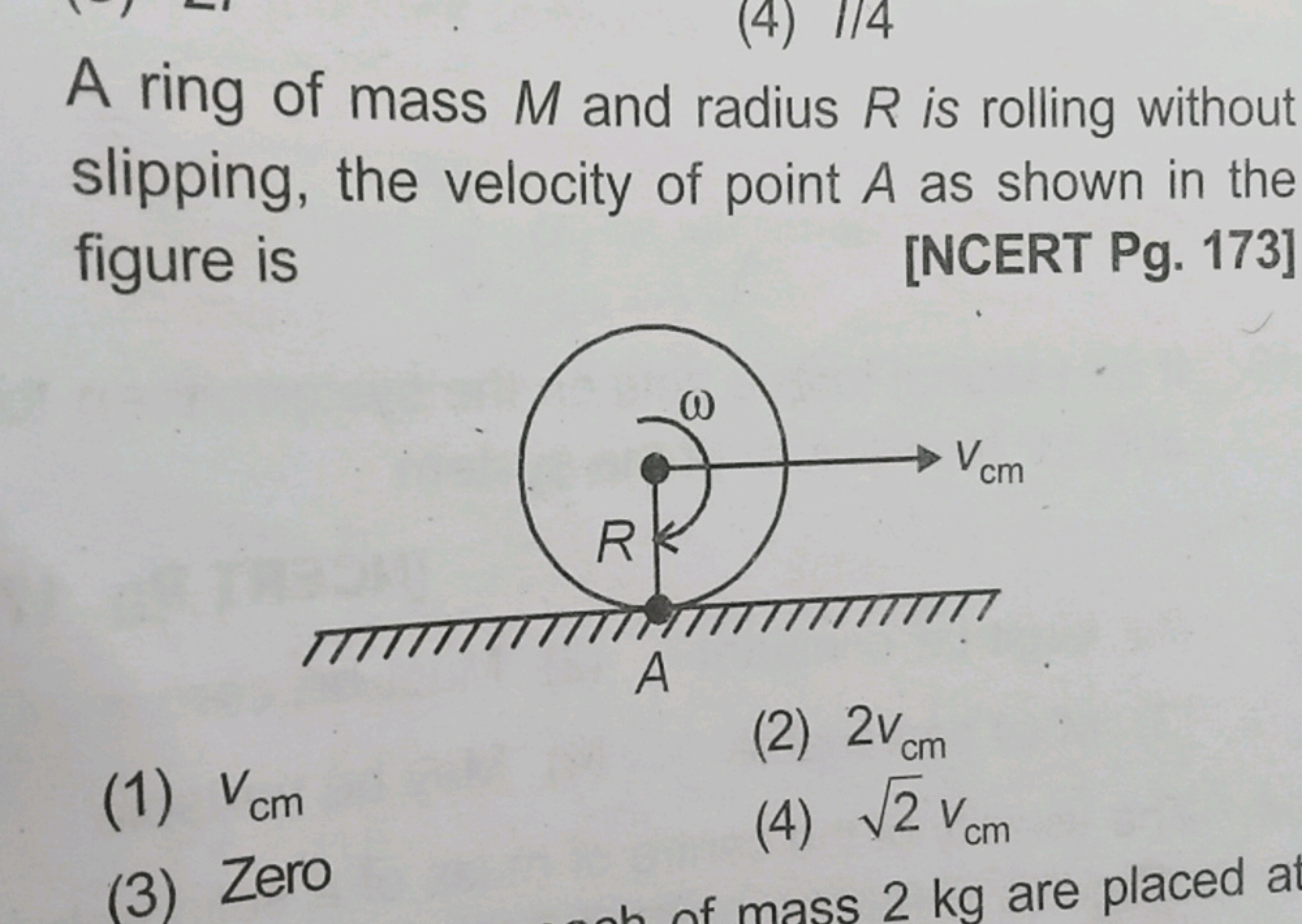 4) 1/4
A ring of mass M and radius R is rolling without
slipping, the 