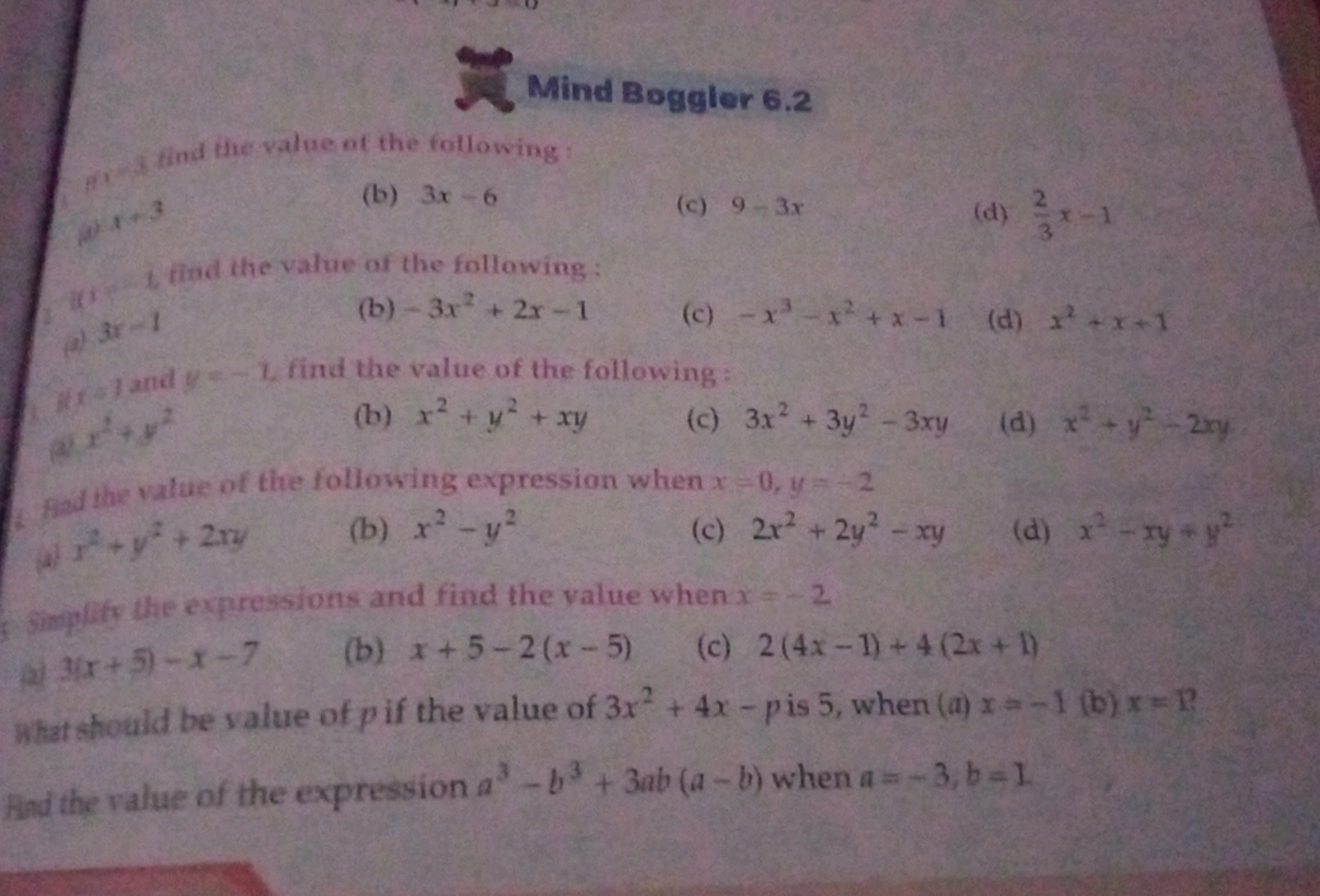 Mind Boggler 6.2
ffind the value of the following
(b) 3x−6
(c) 9−3x
(d