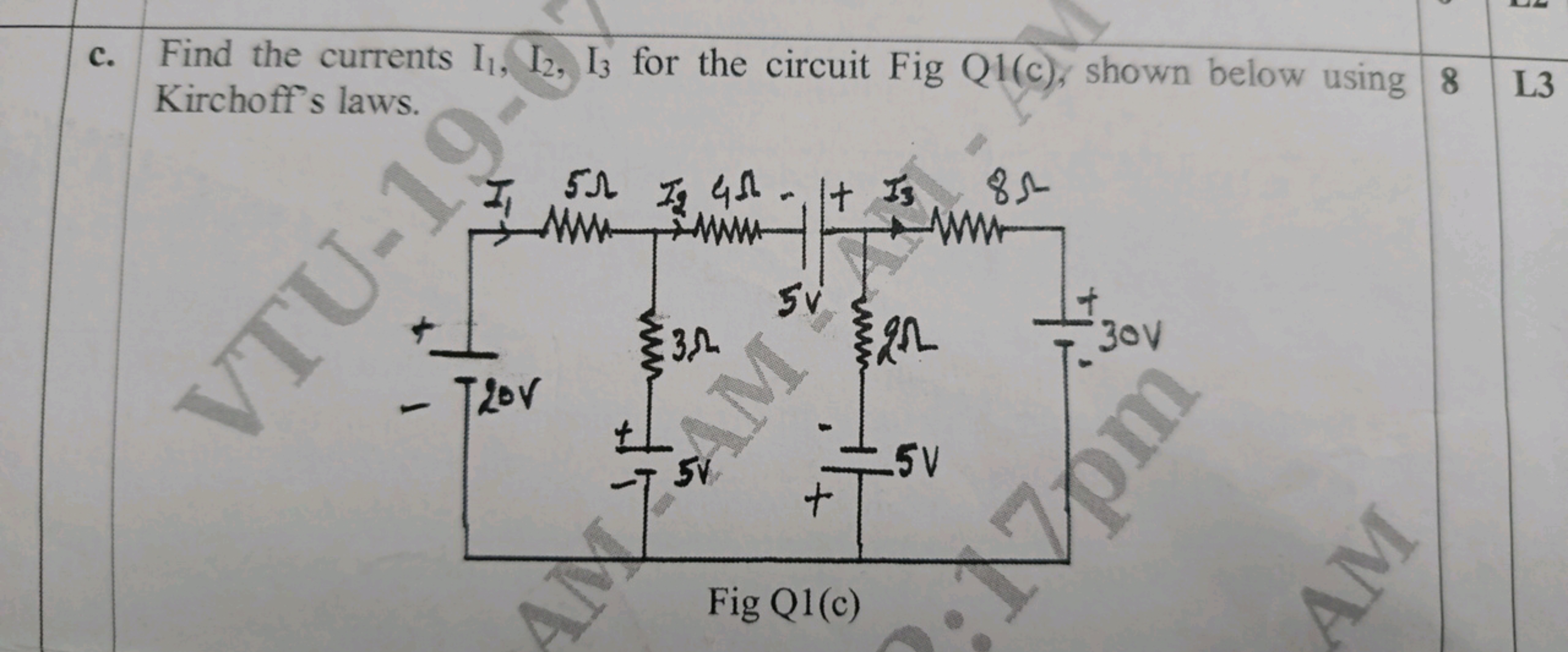 c. Find the currents I1, 12, 13 for the circuit Fig Q1(c), shown below