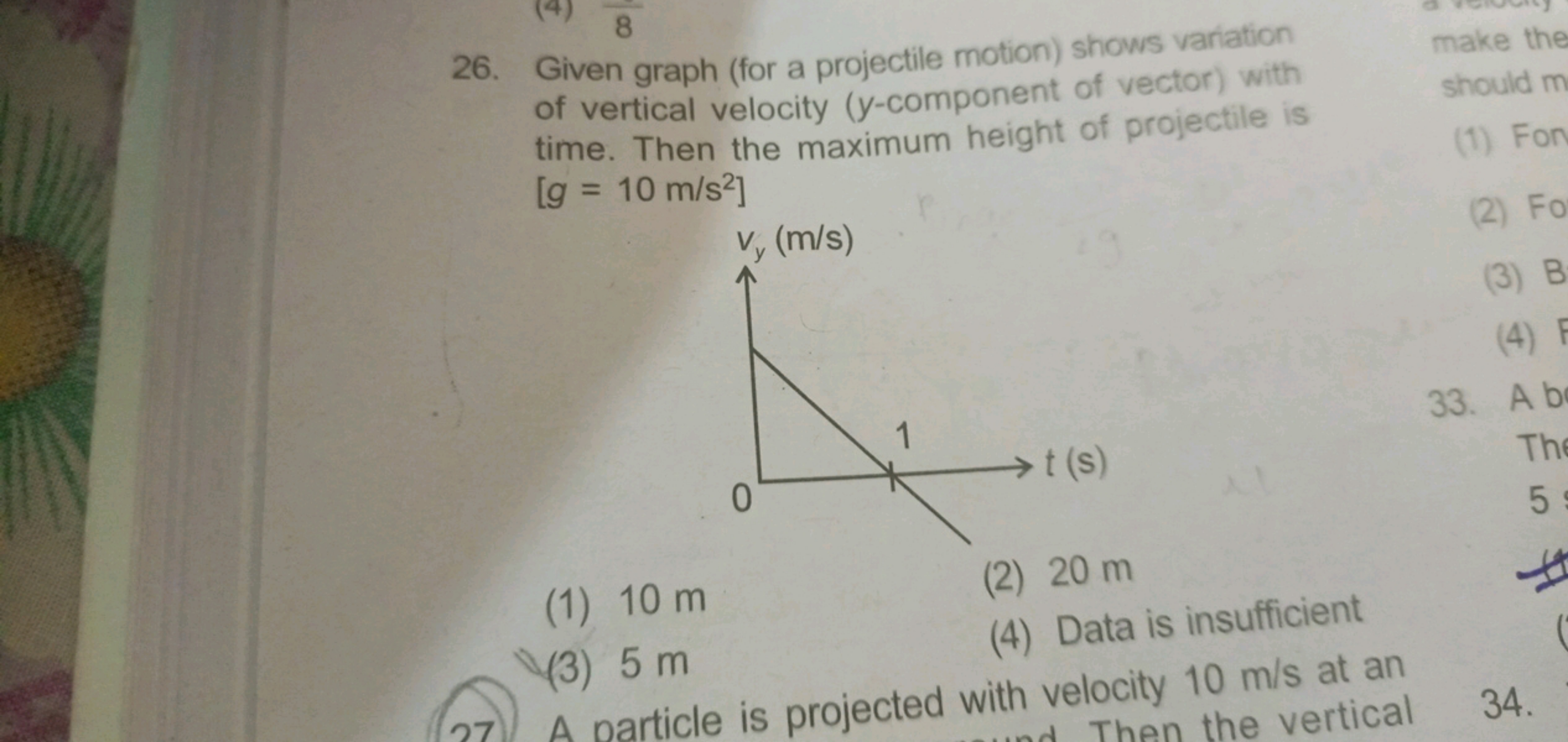 26. Given graph (for a projectile motion) shows variation of vertical 