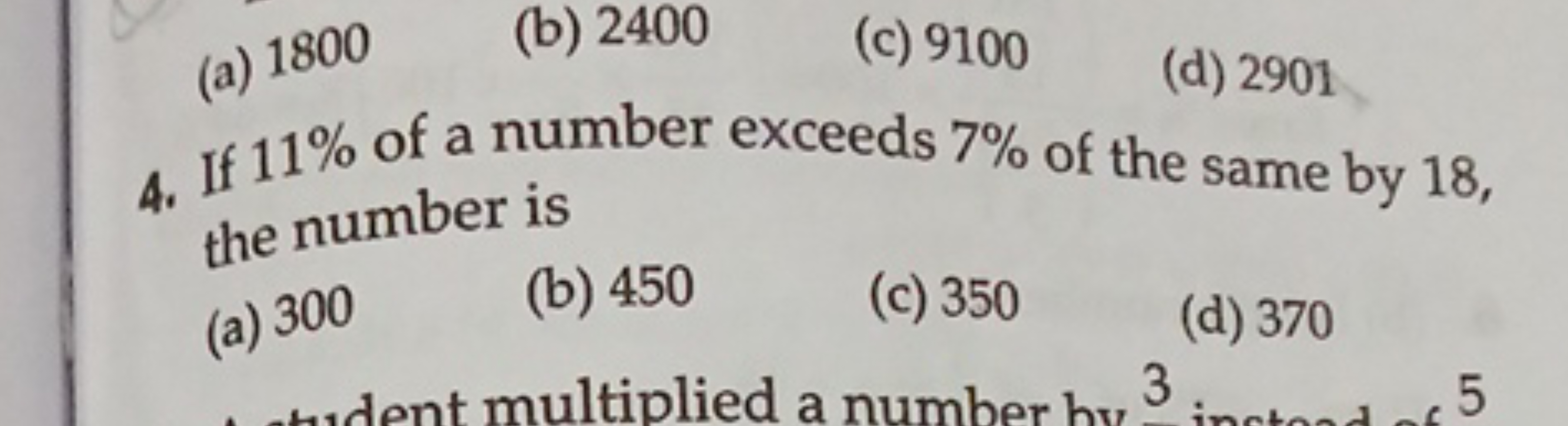 (a) 1800
(b) 2400
(c) 9100
(d) 2901
4. If 11% of a number exceeds 7% o