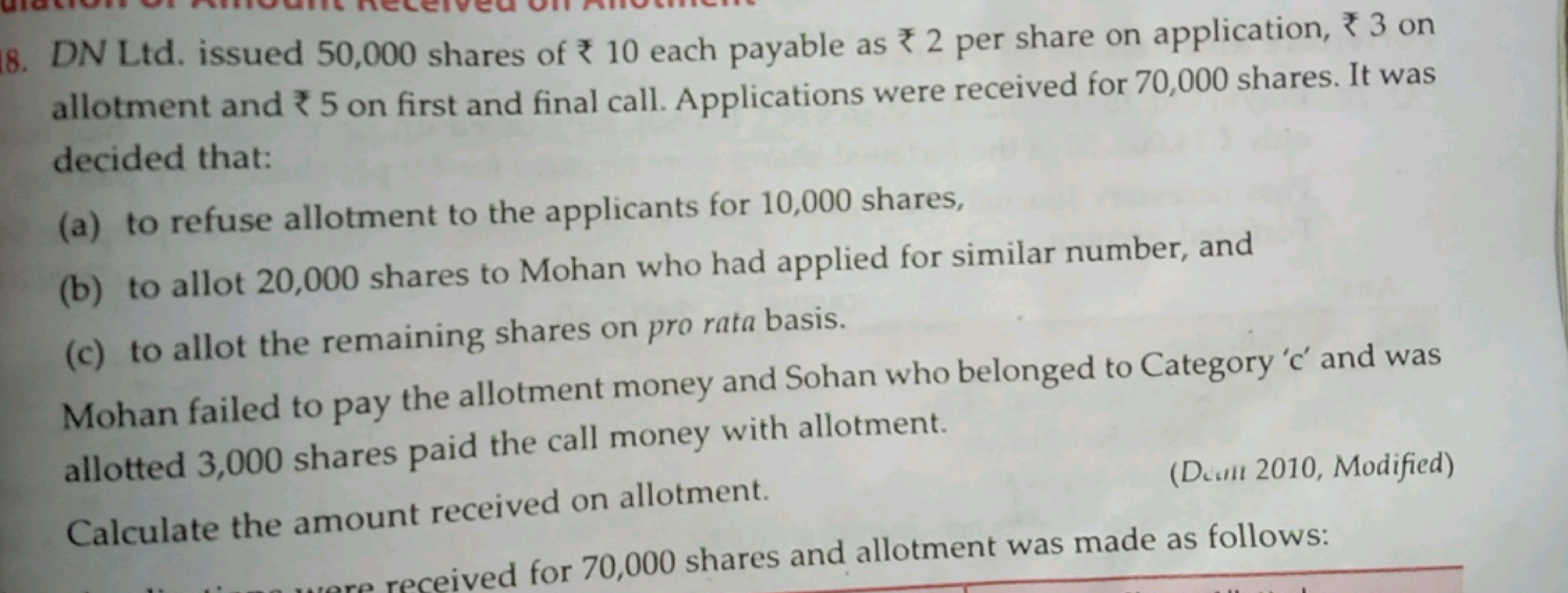 8. DN Ltd. issued 50,000 shares of ₹10 each payable as ₹2 per share on