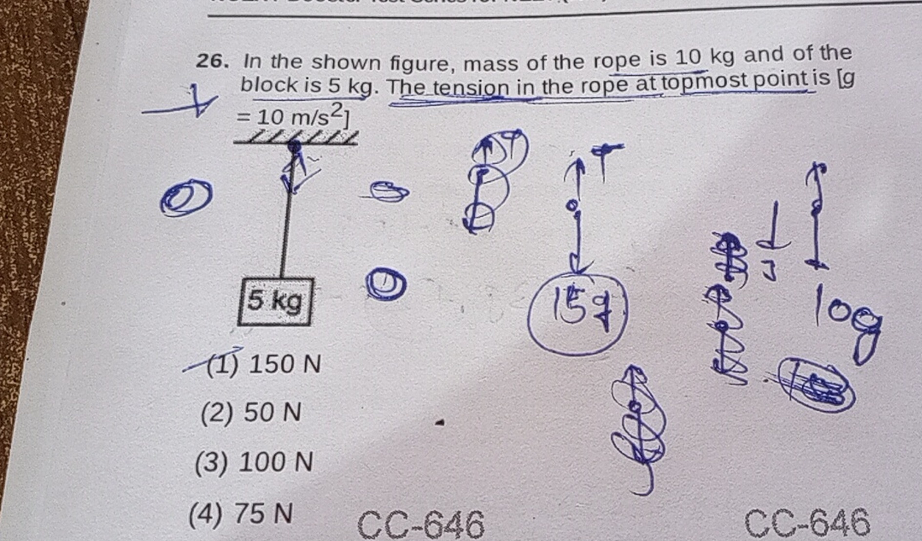 26. In the shown figure, mass of the rope is 10 kg and of the  block i