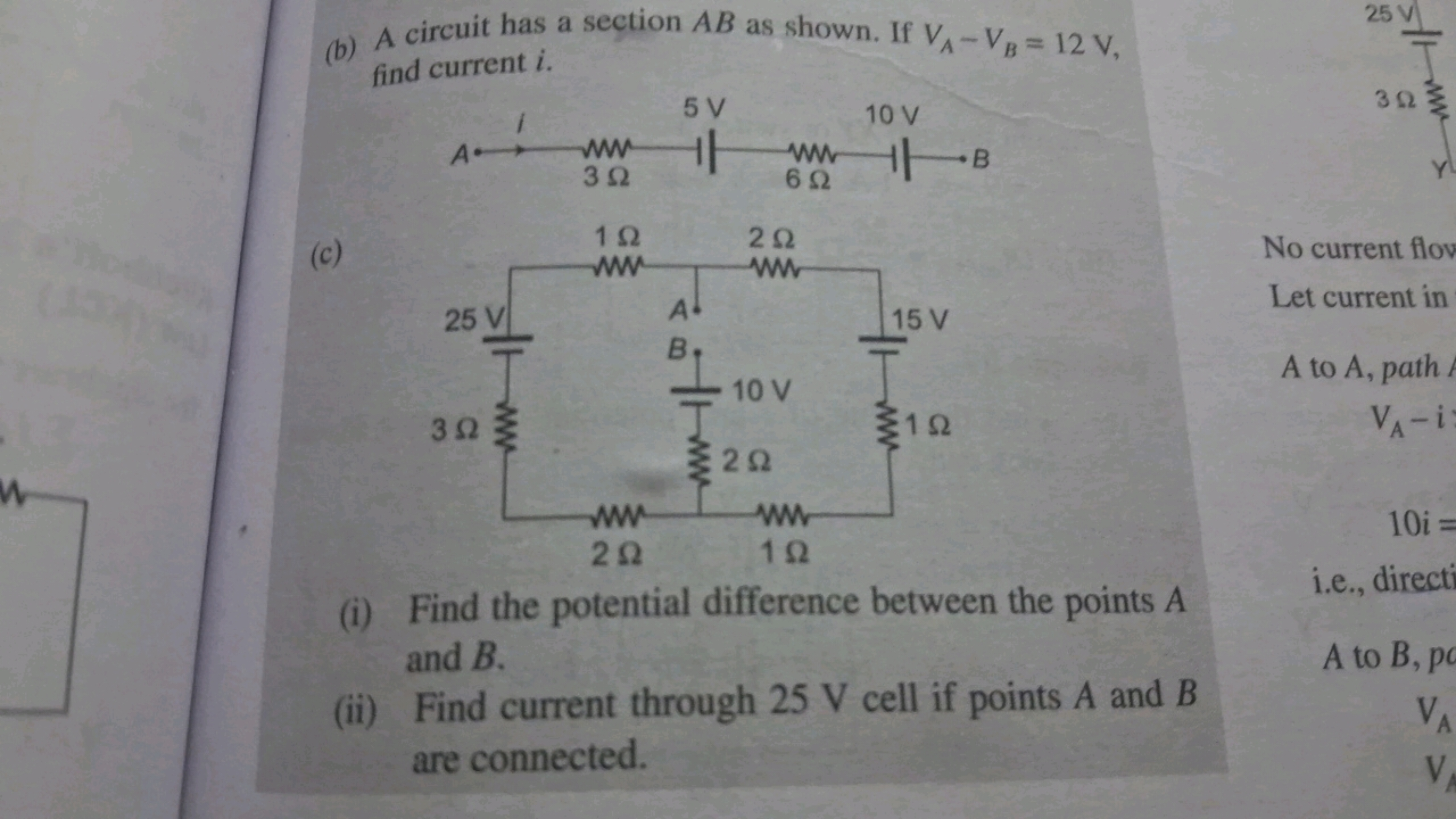 (b) A circuit has a section AB as shown. If VA​−VB​=12 V, find current