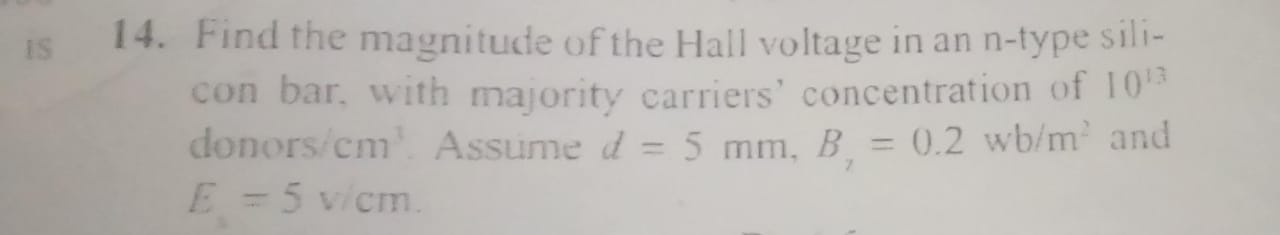 14. Find the magnitude of the Hall voltage in an n-type silicon bar, w