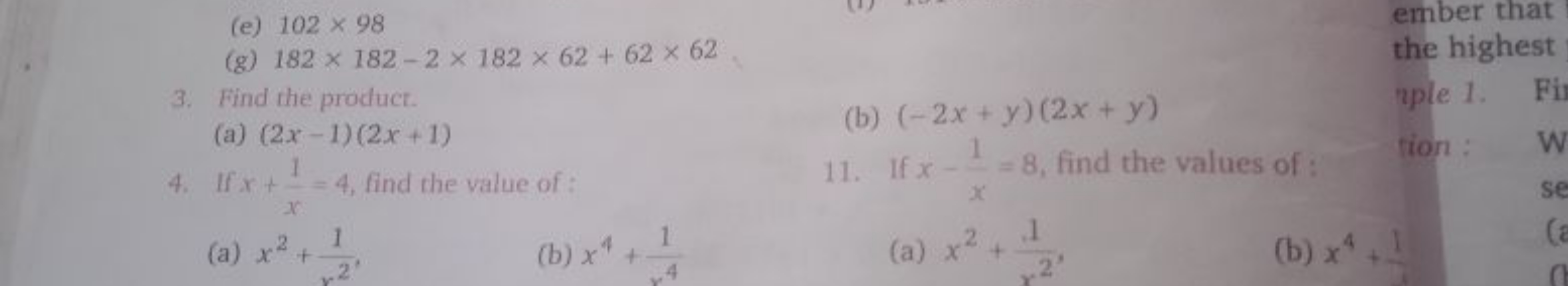 (e) 102×98
(g) 182×182−2×182×62+62×62
3. Find the product.
(a) (2x−1)(