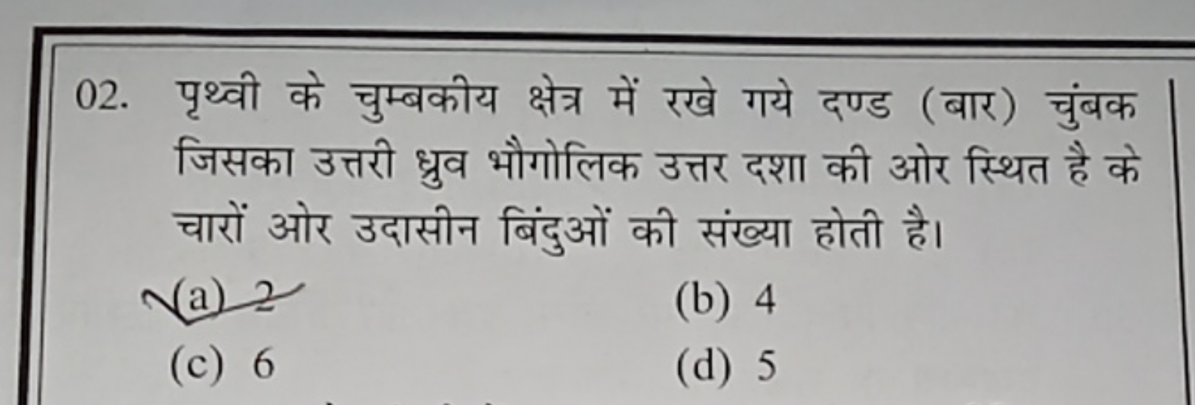 02. पृथ्वी के चुम्बकीय क्षेत्र में रखे गये दण्ड (बार) चुंबक जिसका उत्त