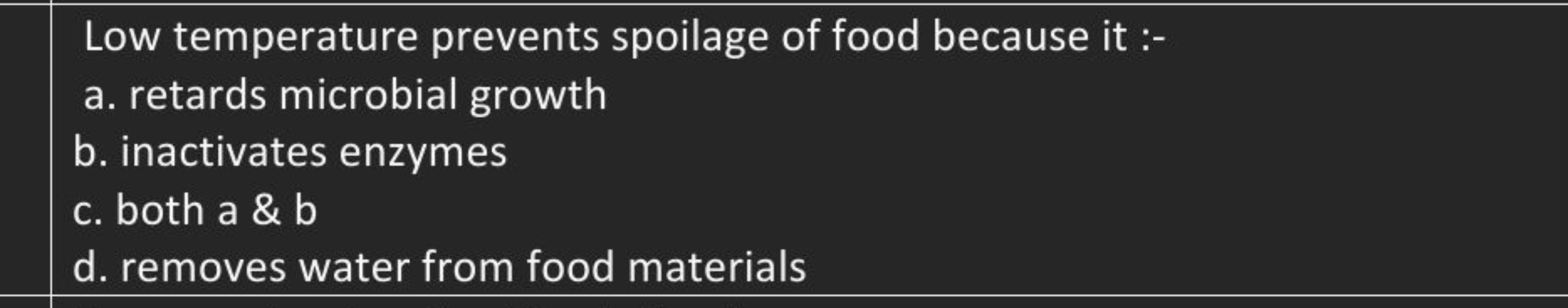 Low temperature prevents spoilage of food because it :-
a. retards mic