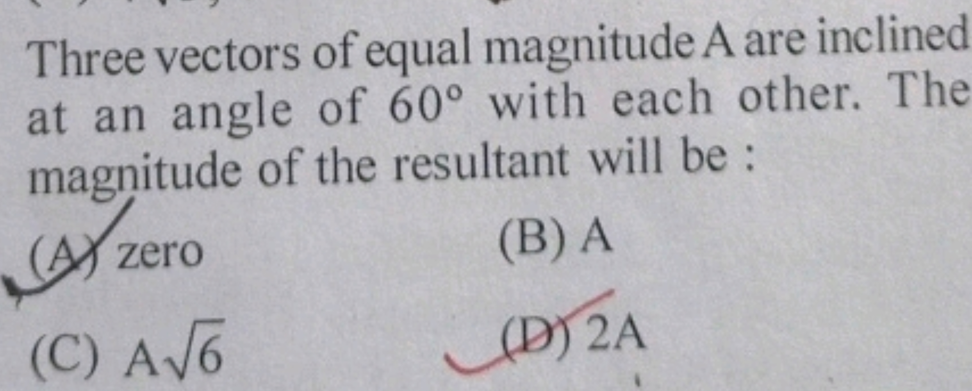 Three vectors of equal magnitude A are inclined at an angle of 60∘ wit