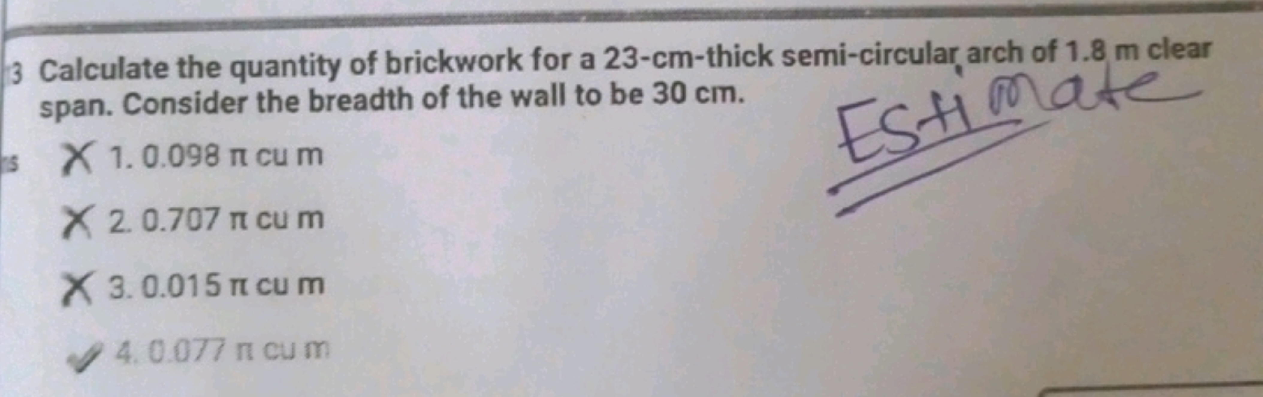 3 Calculate the quantity of brickwork for a 23-cm-thick semi-circular 