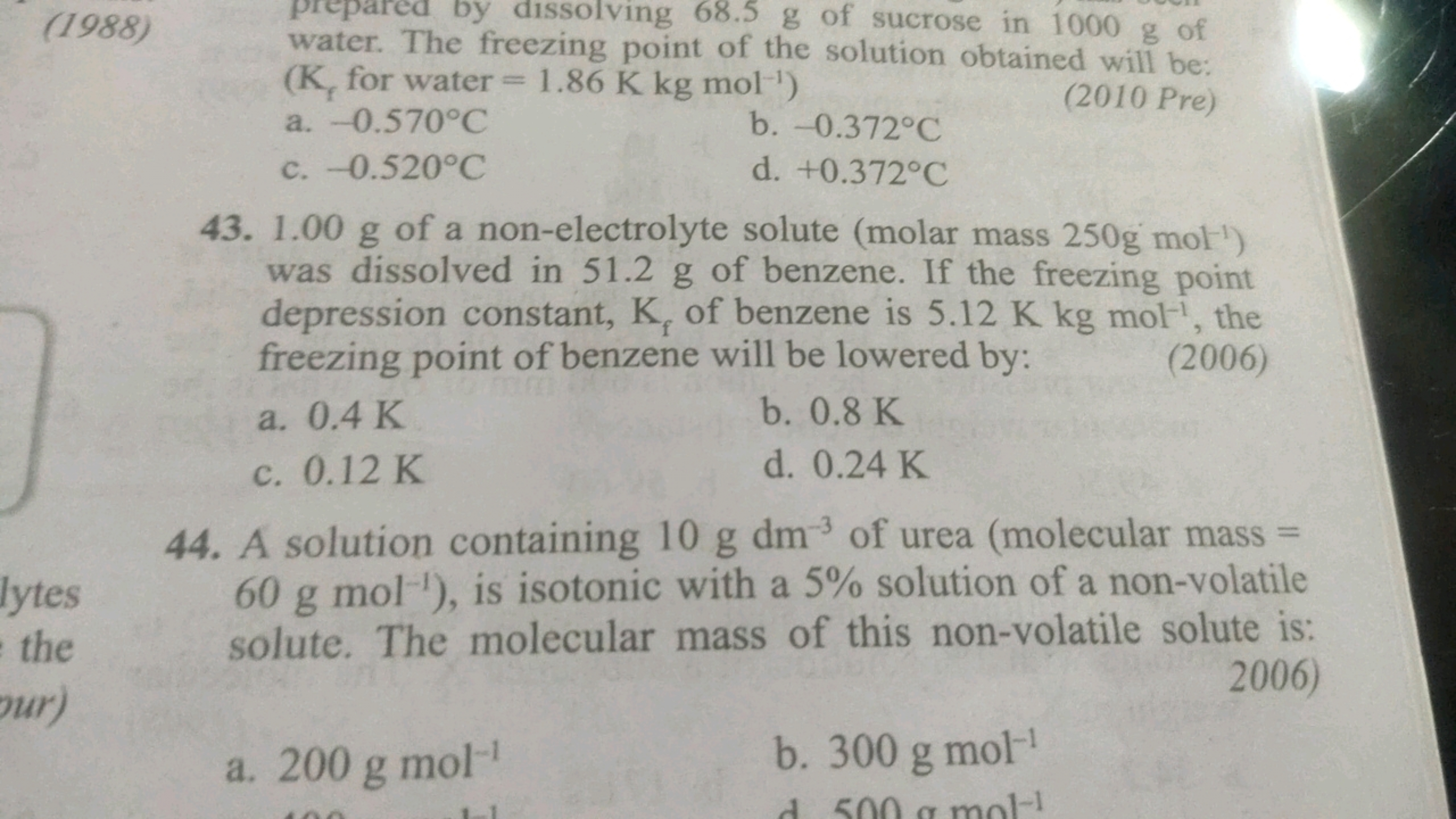 (1988) water. The freezing noint of g of sucrose in 1000 g of water. T