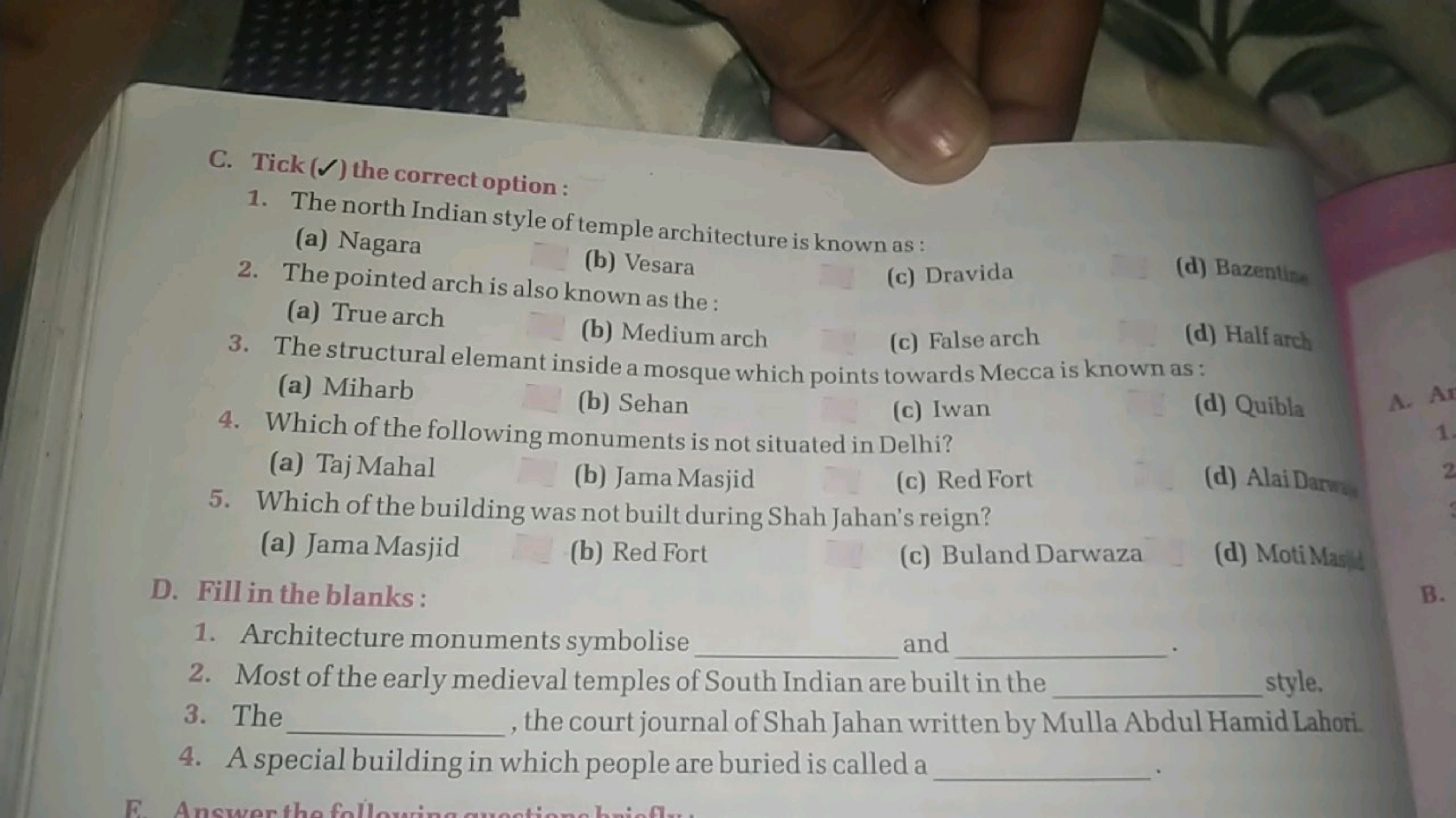 C. Tick (✓) the correct option :
1. The north Indian style of temple a