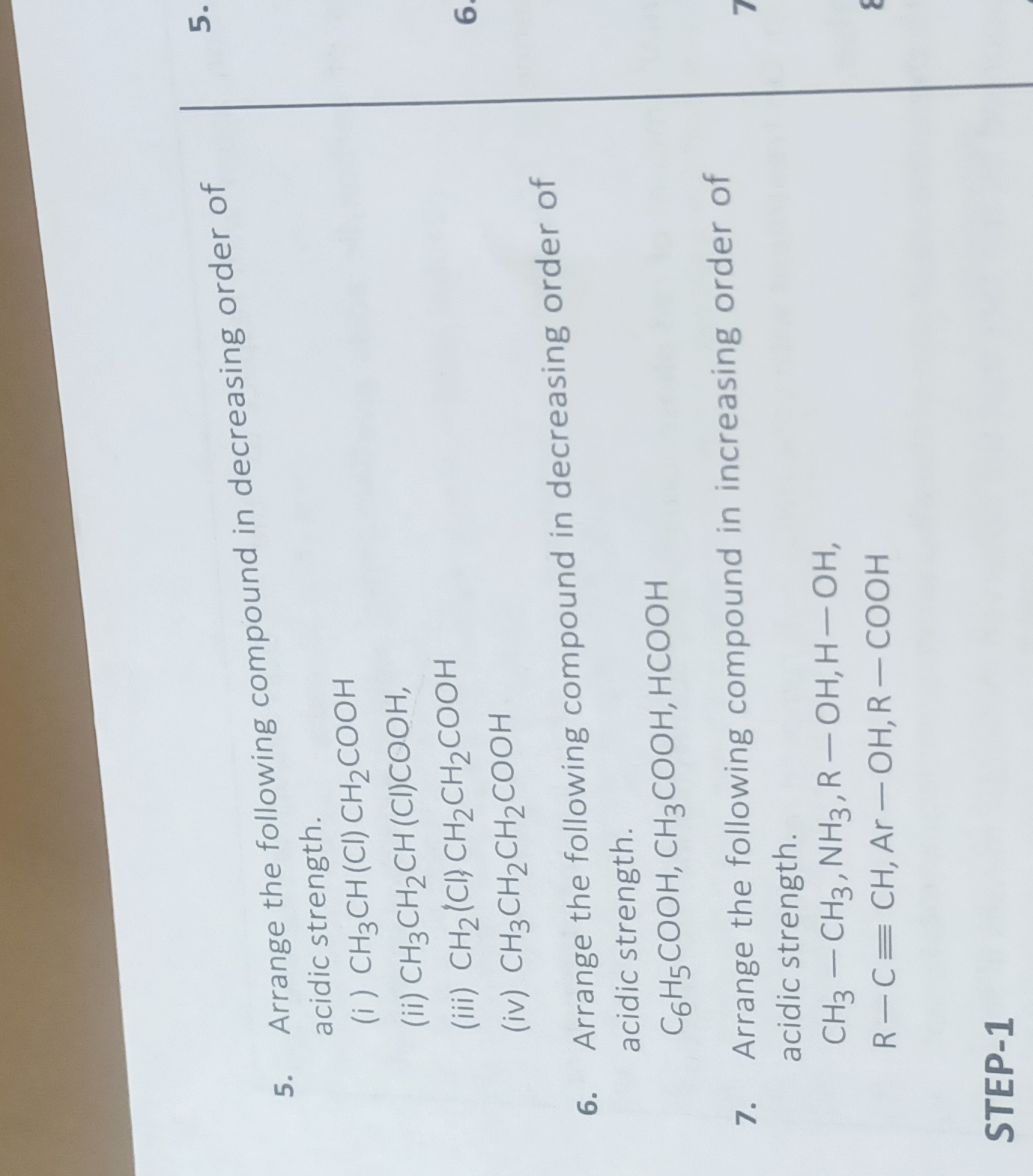 5. Arrange the following compound in decreasing order of acidic streng