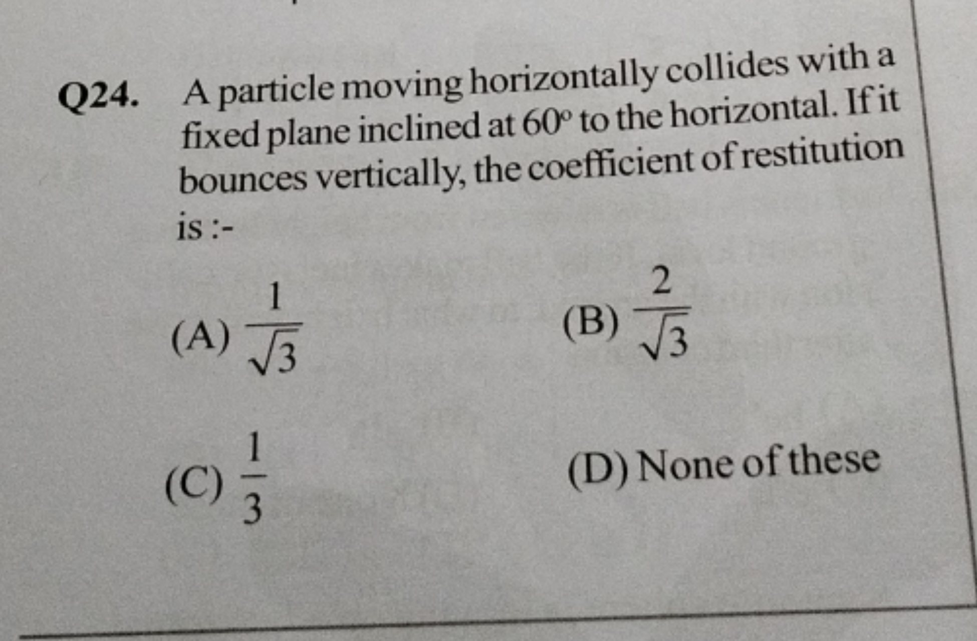 Q24. A particle moving horizontally collides with a fixed plane inclin