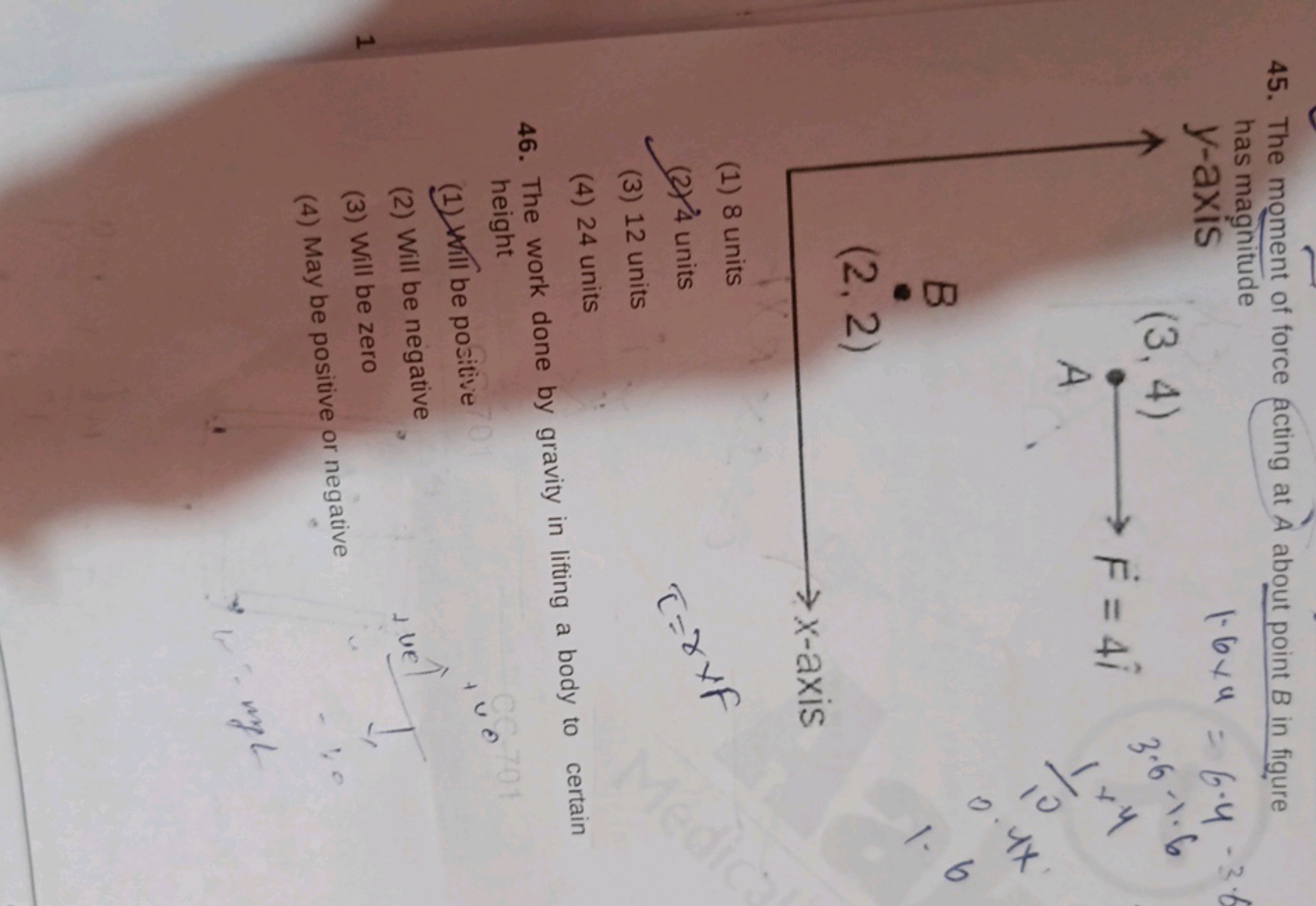 45. The moment of force acting at A about point B in figure has magnit