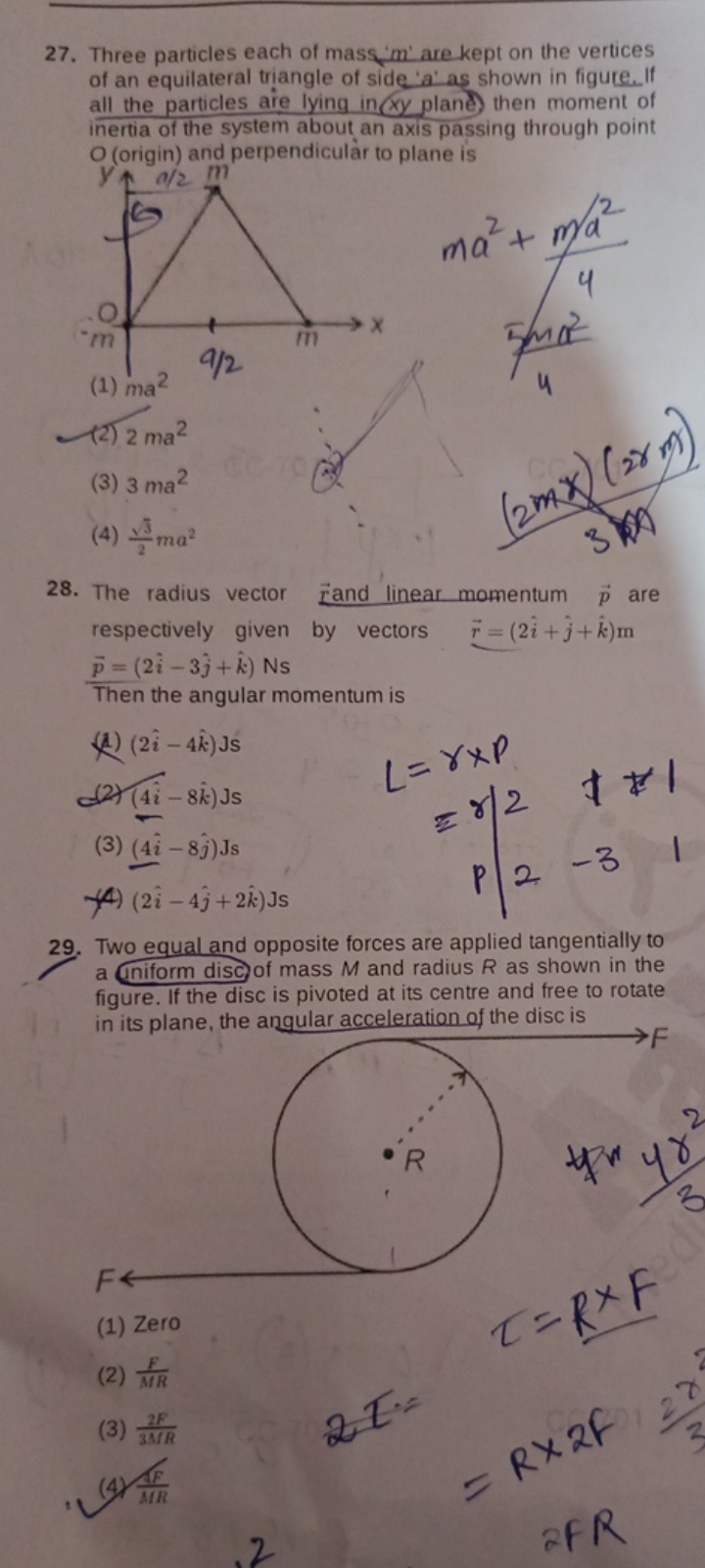 27. Three particles each of mass' m ' are kept on the vertices of an e