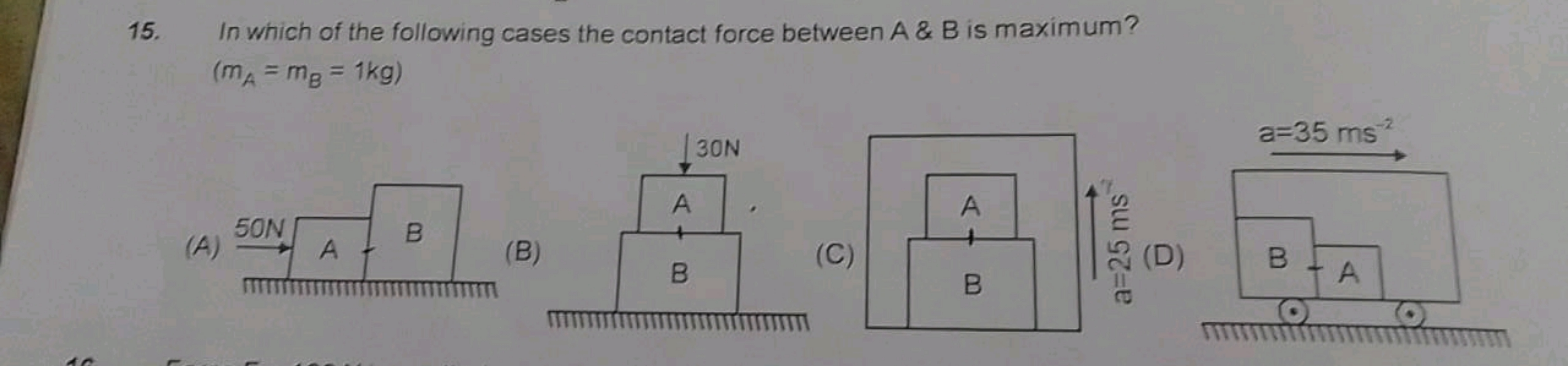 15. In which of the following cases the contact force between A&B is m