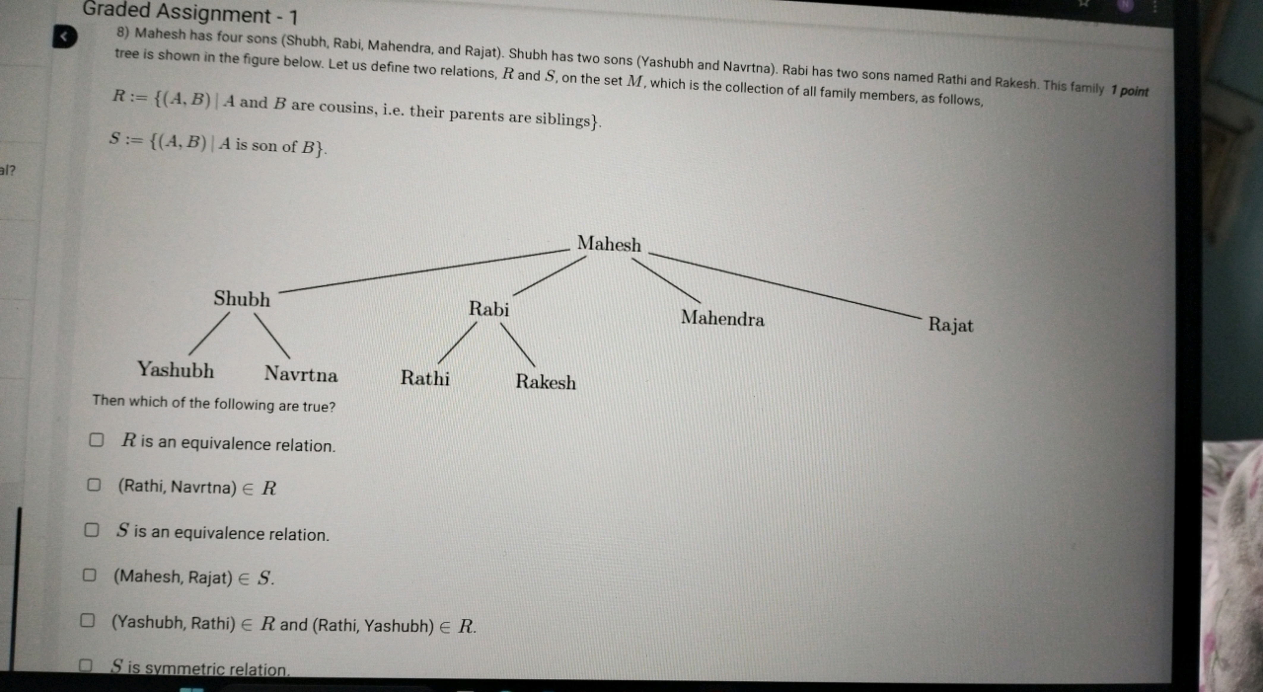 Graded Assignment - 1
8) Mahesh has four sons (Shubh, Rabi, Mahendra, 