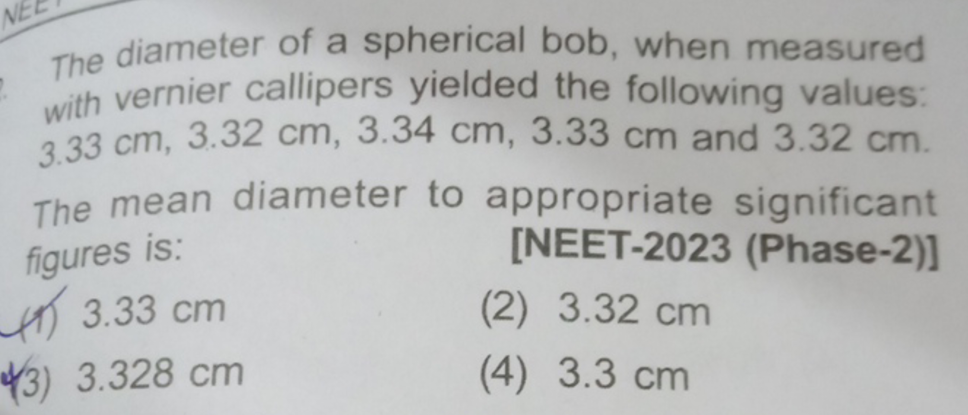 The diameter of a spherical bob, when measured with vernier callipers 