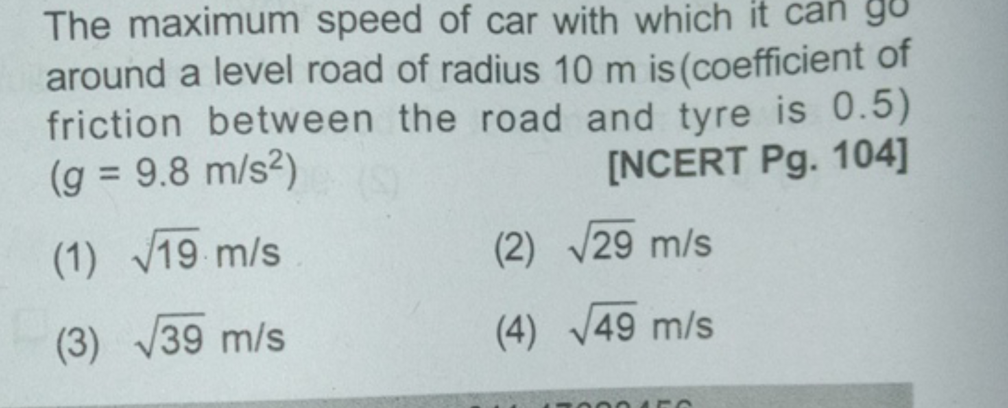 The maximum speed of car with which it can go around a level road of r