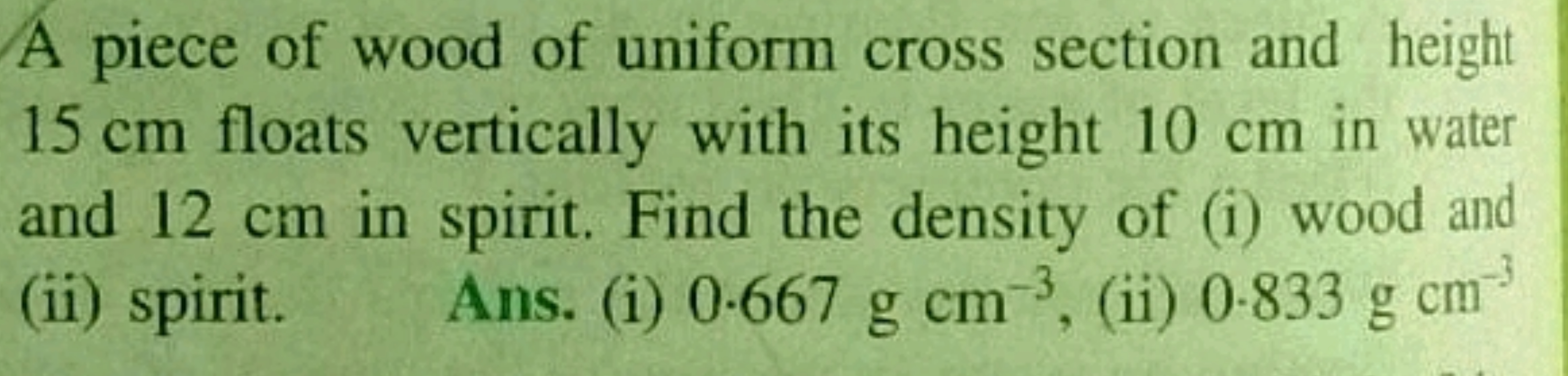 A piece of wood of uniform cross section and height 15 cm floats verti
