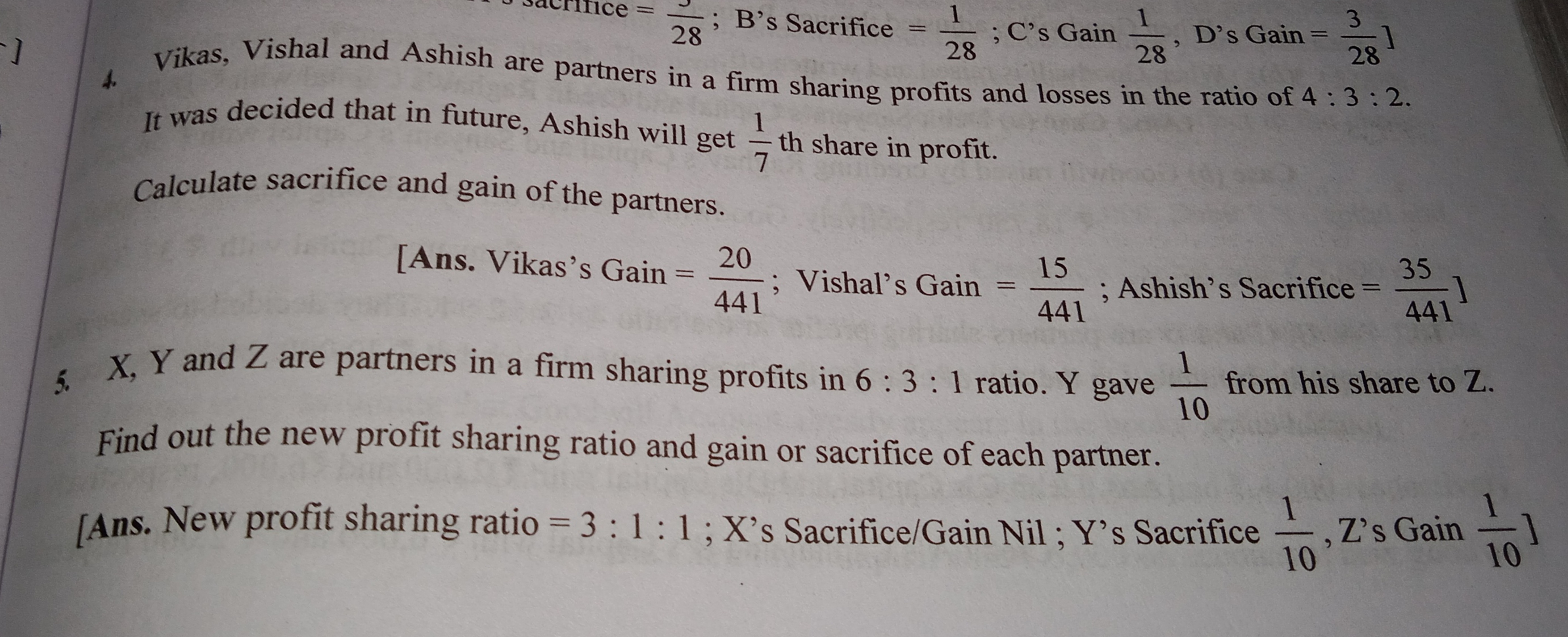 ]
4.
=
1
; B's Sacrifice =
28
28; C's Gain 1
28, D's Gain =
3
28
Vikas