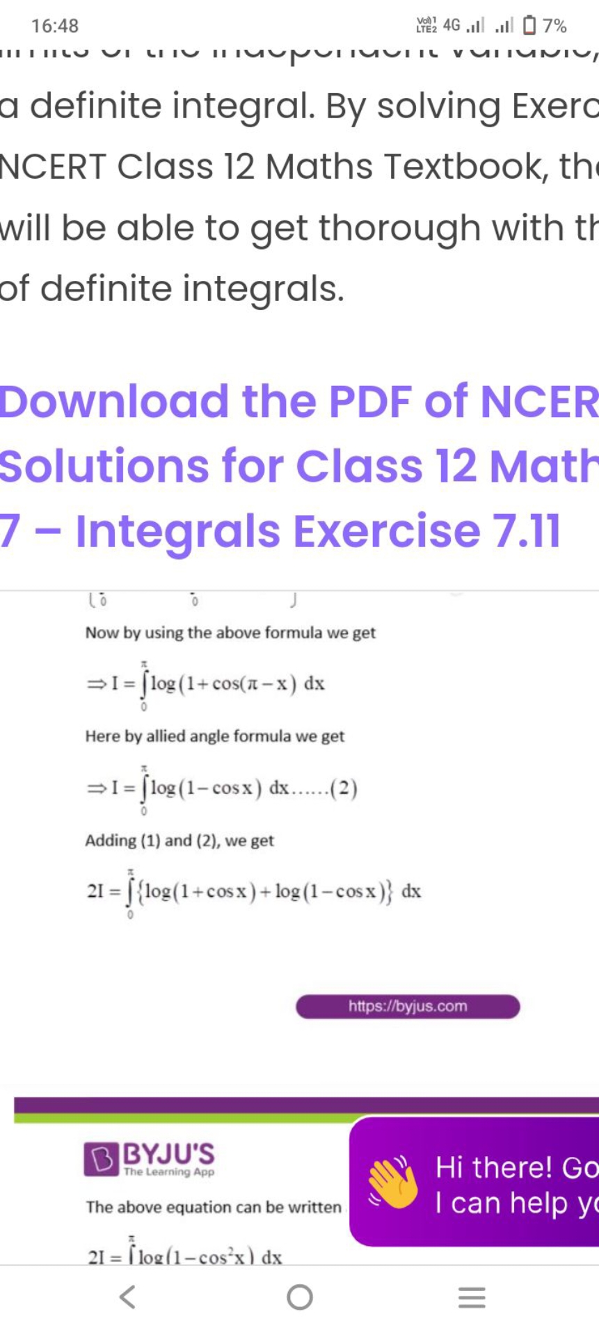 16:48
viol) 46 . .Il .Il
7%
a definite integral. By solving Exero NCER