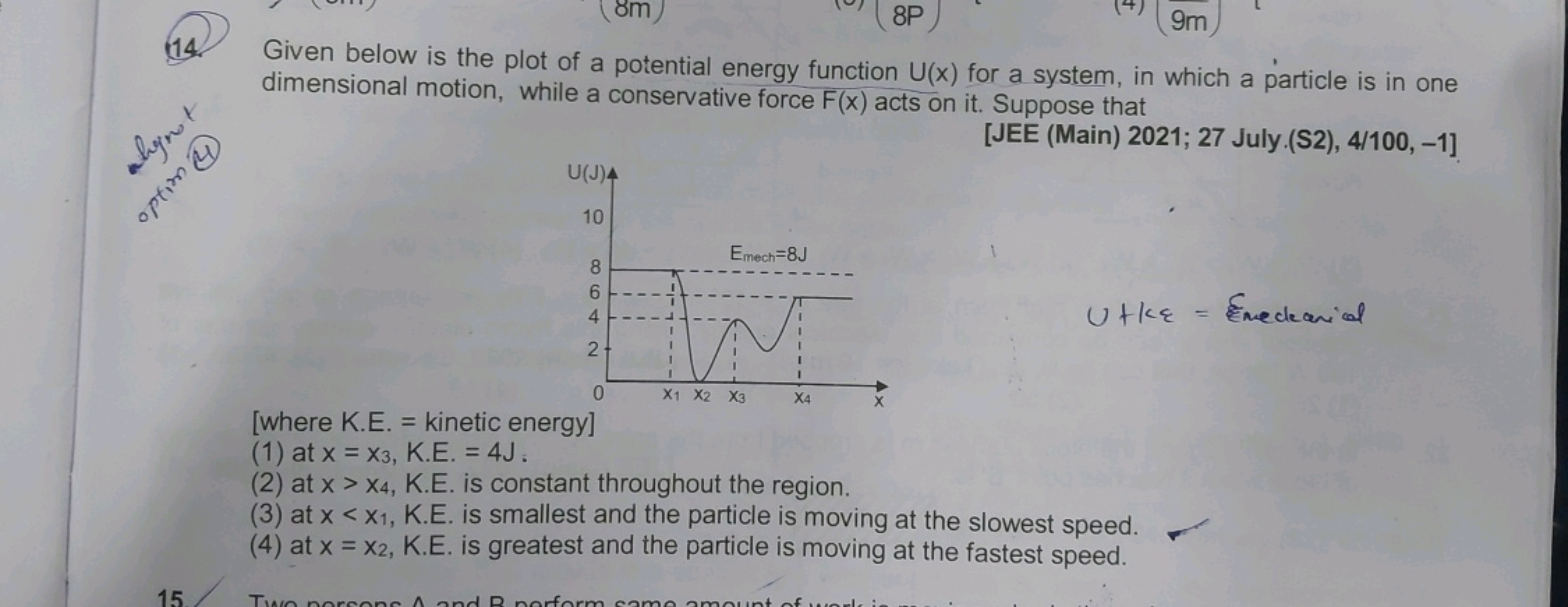 14. Given below is the plot of a potential energy function U(x) for a 