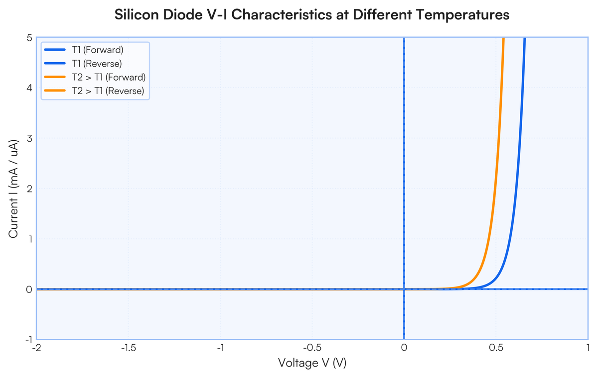Describe the temperature effect of silicon diode with characteristic curv..