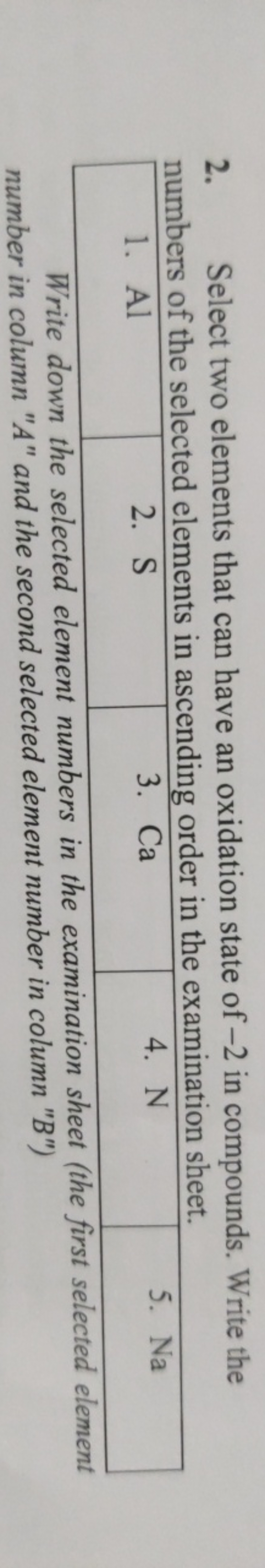 2. Select two elements that can have an oxidation state of -2 in compo