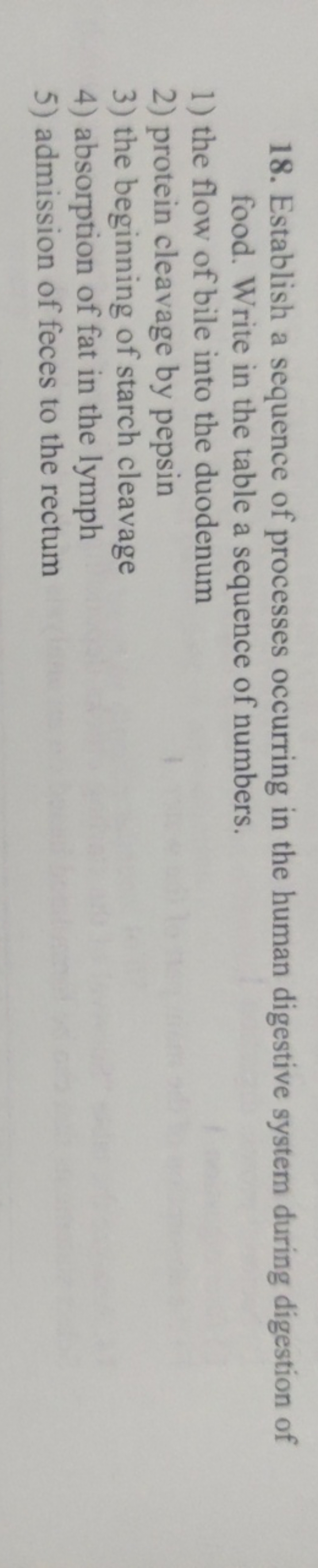 18. Establish a sequence of processes occurring in the human digestive