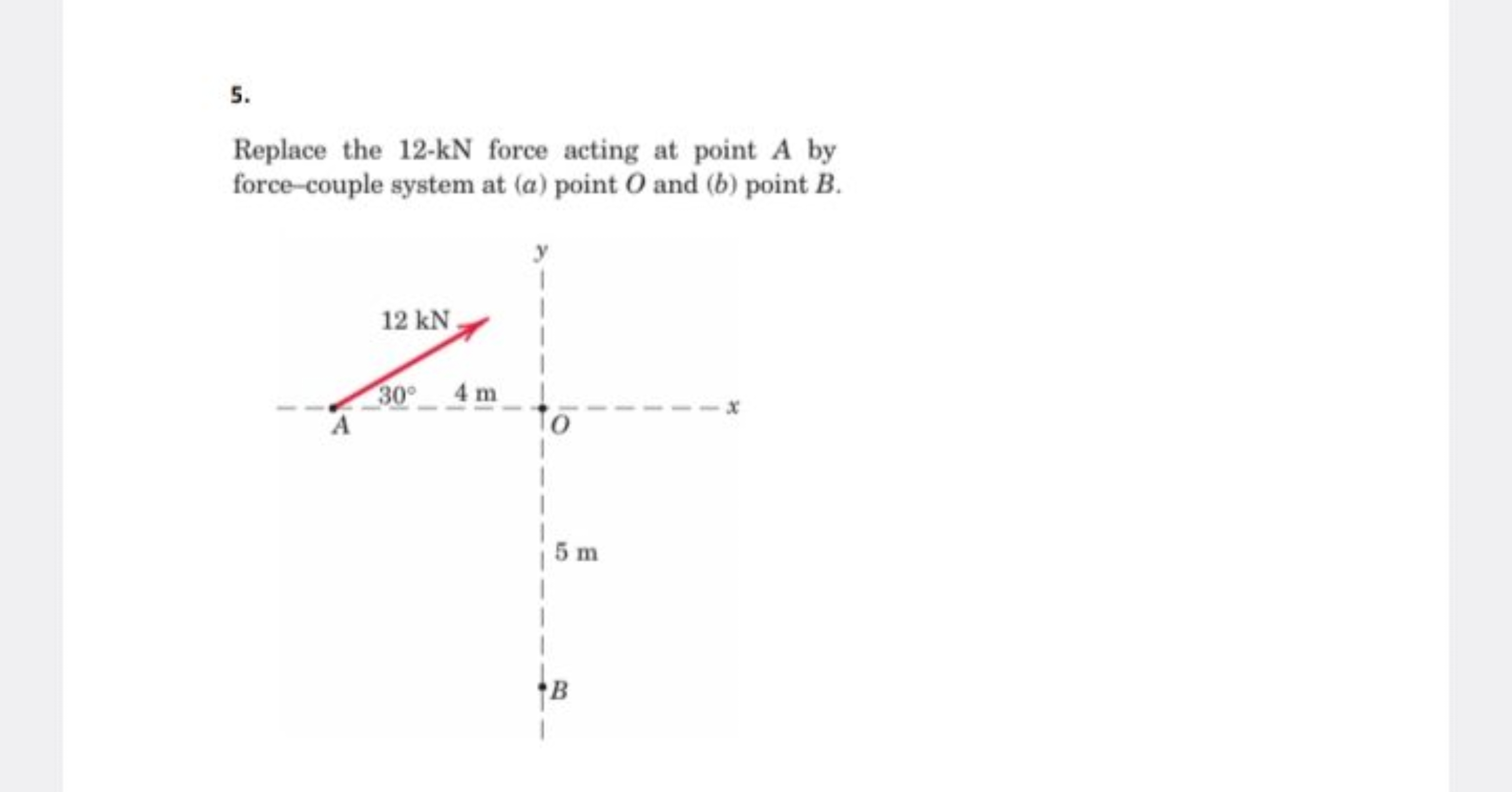 5.

Replace the 12−kN force acting at point A by force-couple system a