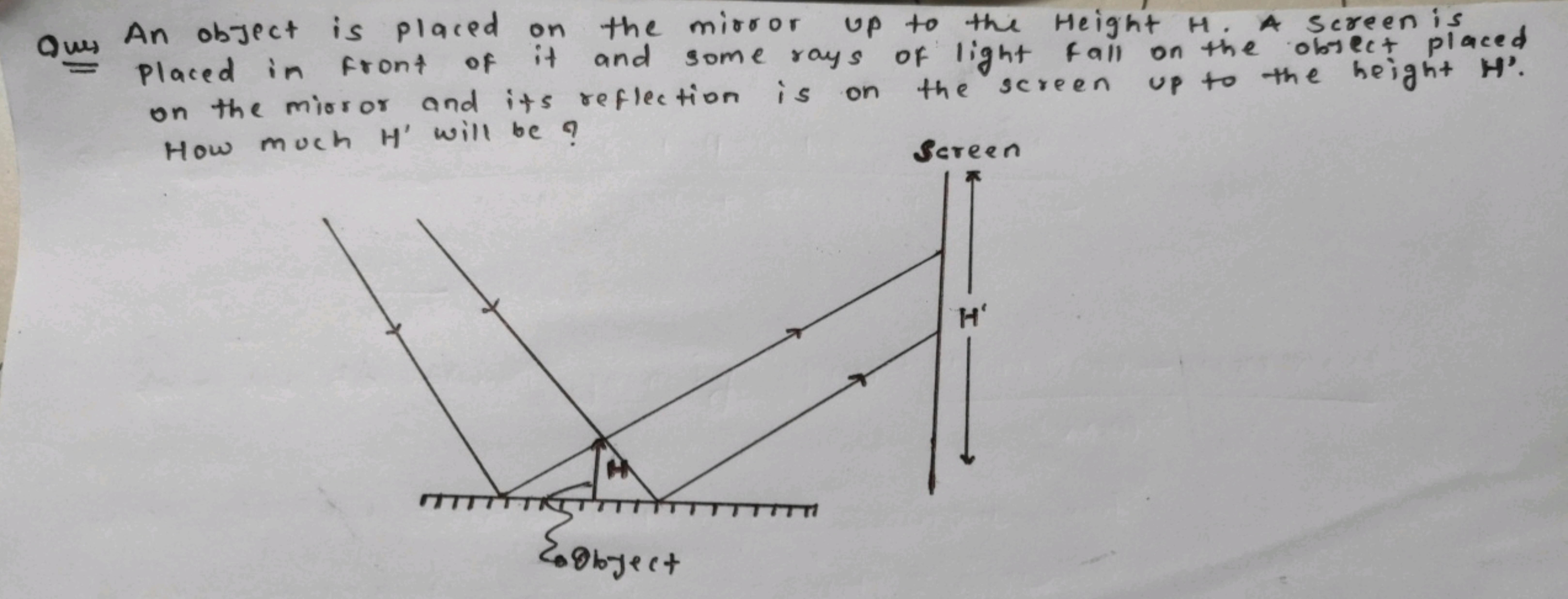 An object is placed on the mirror up to the Height H. A Screen is
Ques