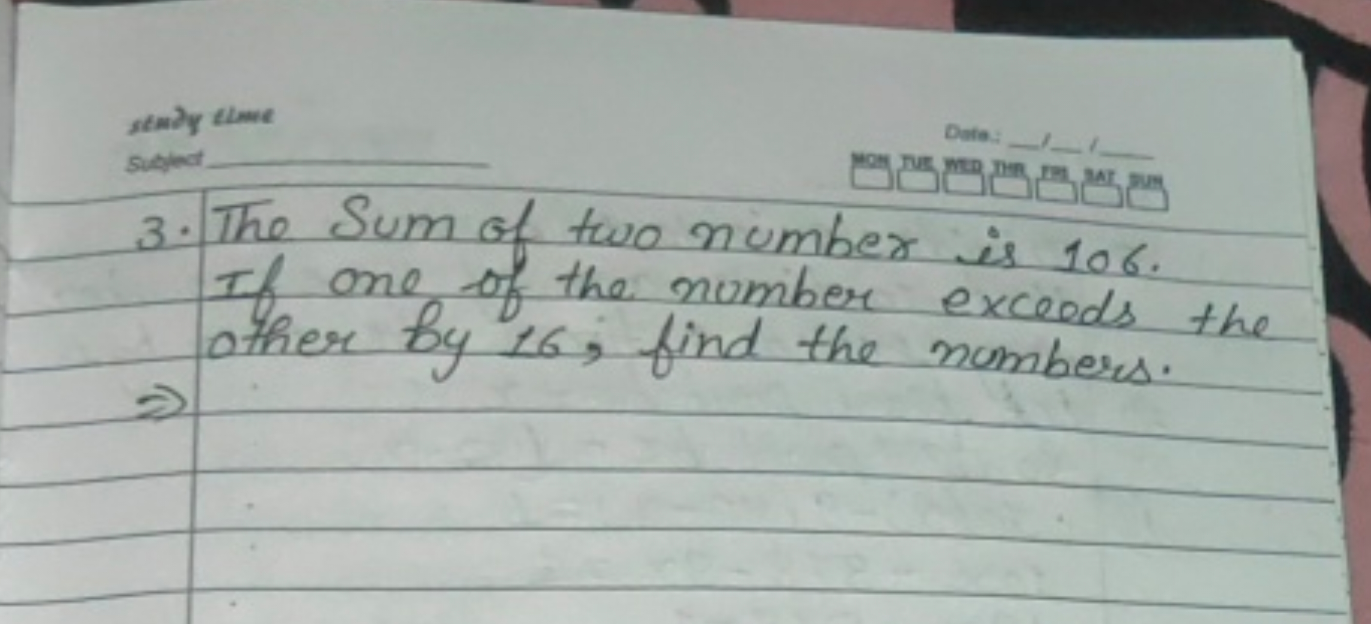 sandy thane
Data:
subject
3. The Sum of two number is 106. If one of t