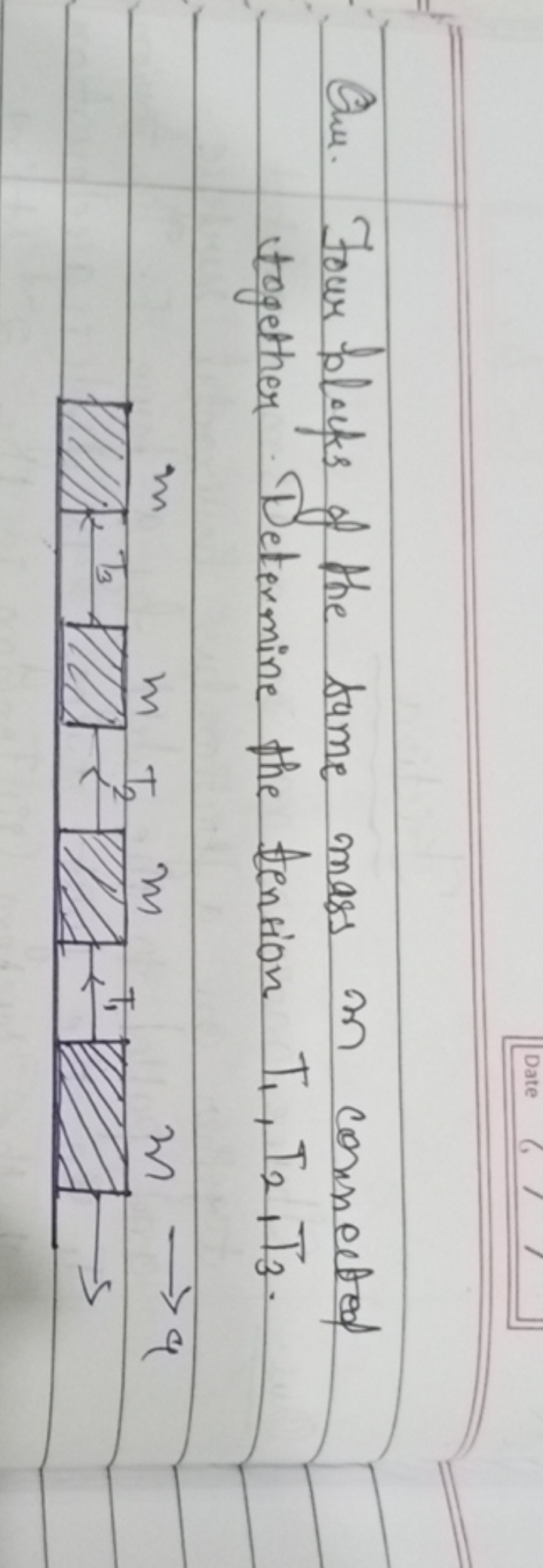 Que. Tour blacks of the same mass in connected together Determine the 