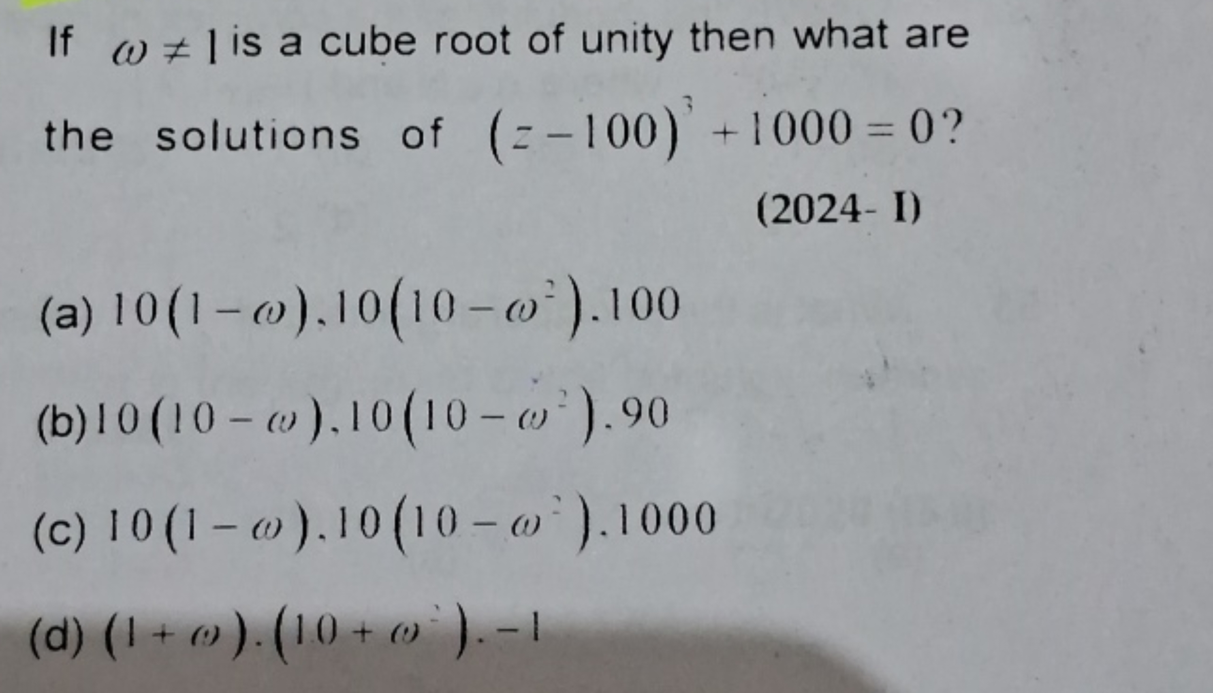 If ω=1 is a cube root of unity then what are the solutions of (z−100)