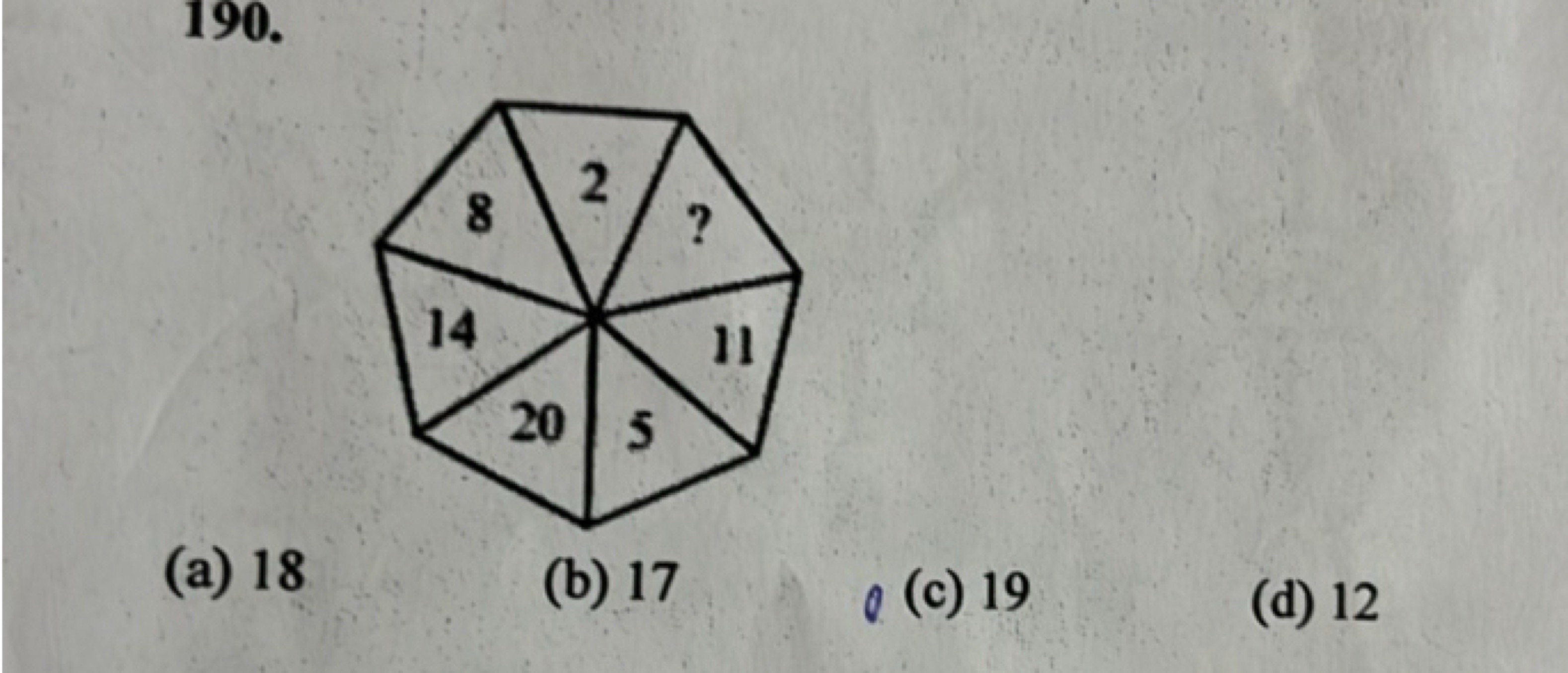 190.
(a) 18
(b) 17
o (c) 19
(d) 12